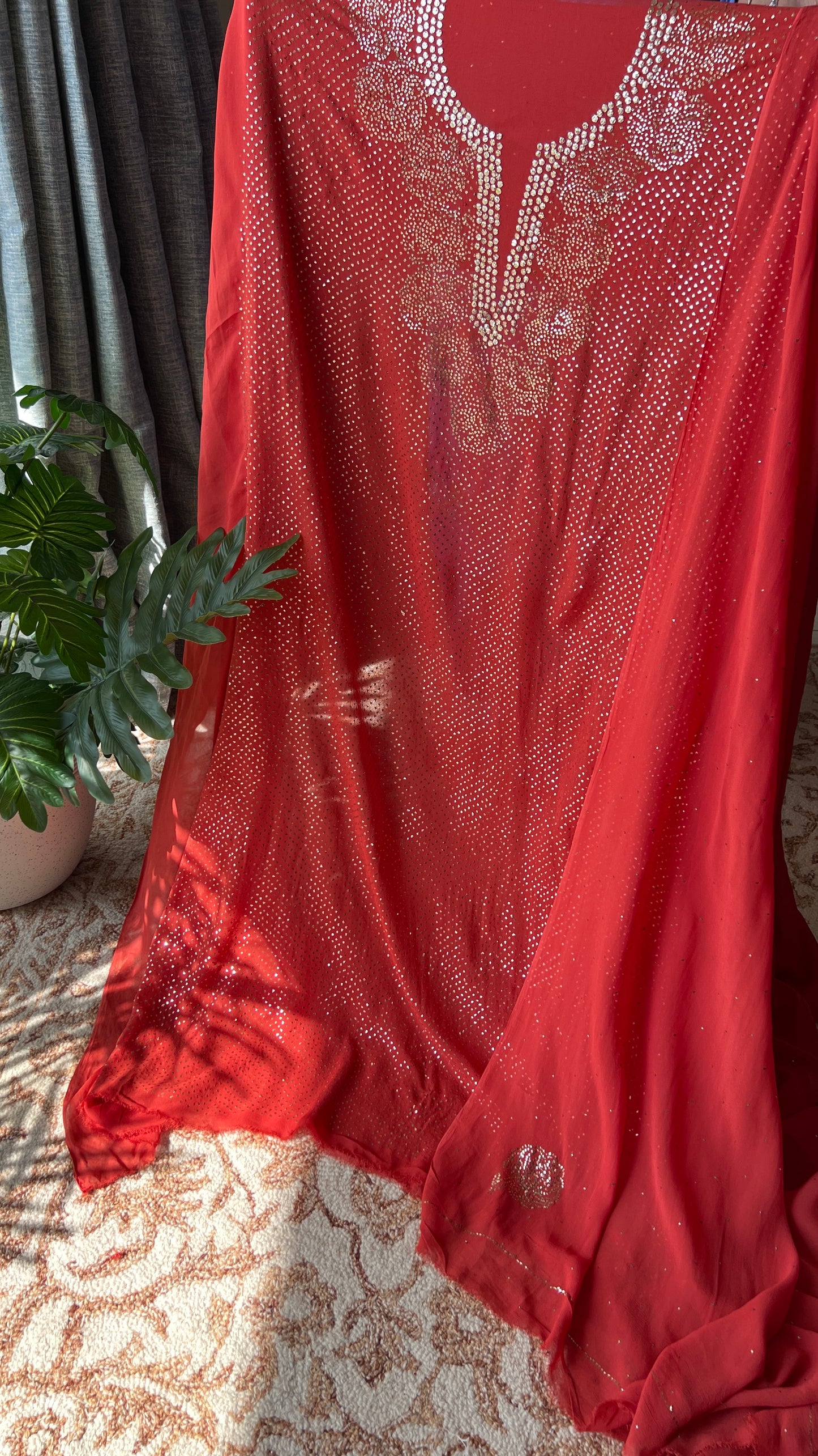 Rust orange bareek mukaish work Kurta and Dupatta