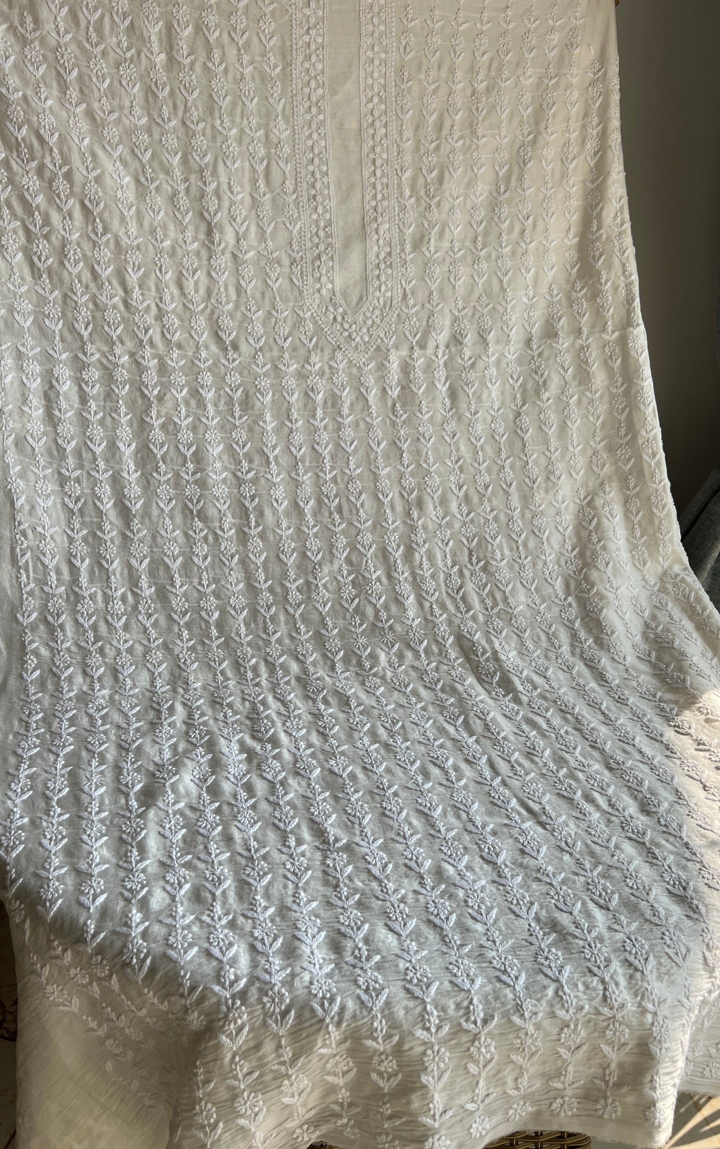 Ivory Chanderi Silk Men's Kurta fabric with fine Chikankari