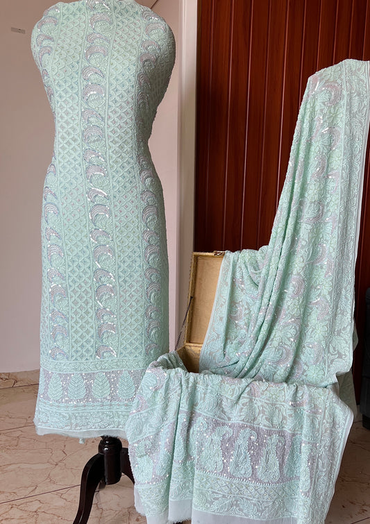 Mint Green Chikankari multi cut Dana and Sequins work Kurta with Jaal Dupatta