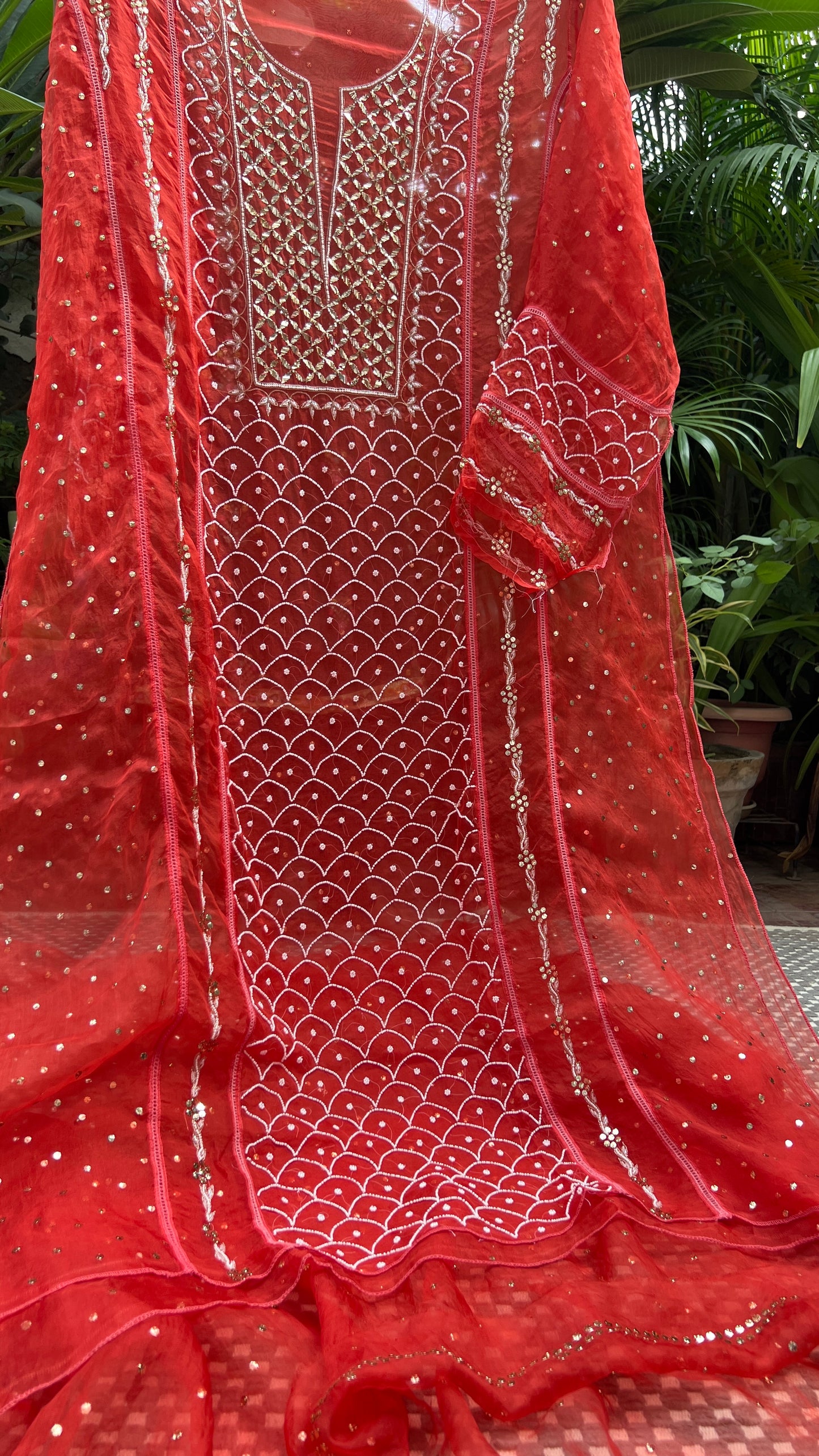 Rust Orange Mukaish Pearl work Pure Organza kurta with dupatta