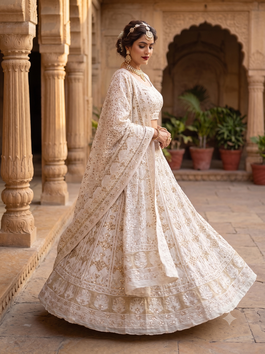 Ruhani White Chikankari Mirror and Gota Patti Georgette Lehenga Set