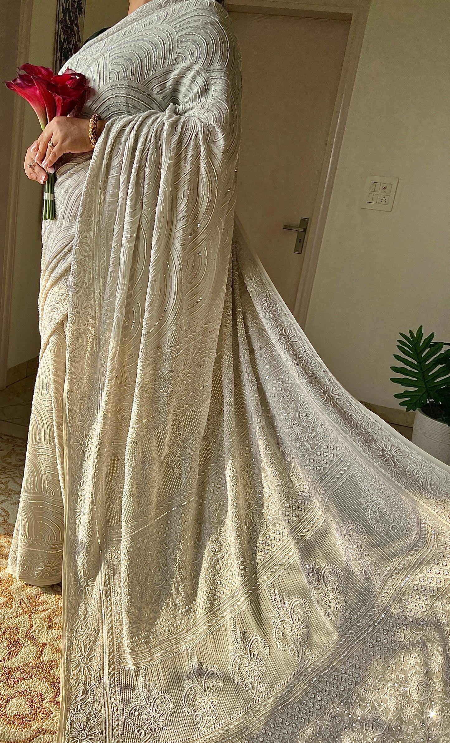 Ruhani Ice Mint Chikankari Pearl Cut Dana and Sequins Saree