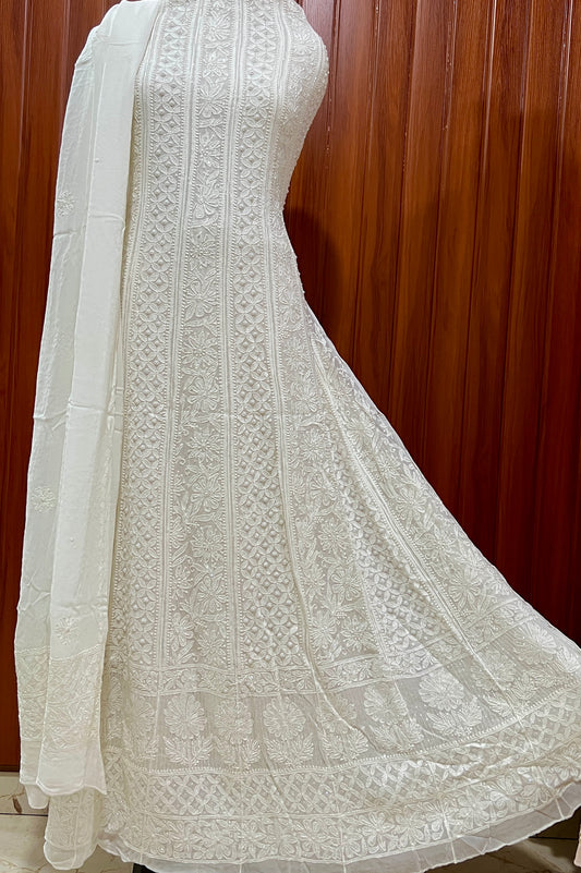 White Chikankari Pearl Cut Dana Anarkali with Dupatta