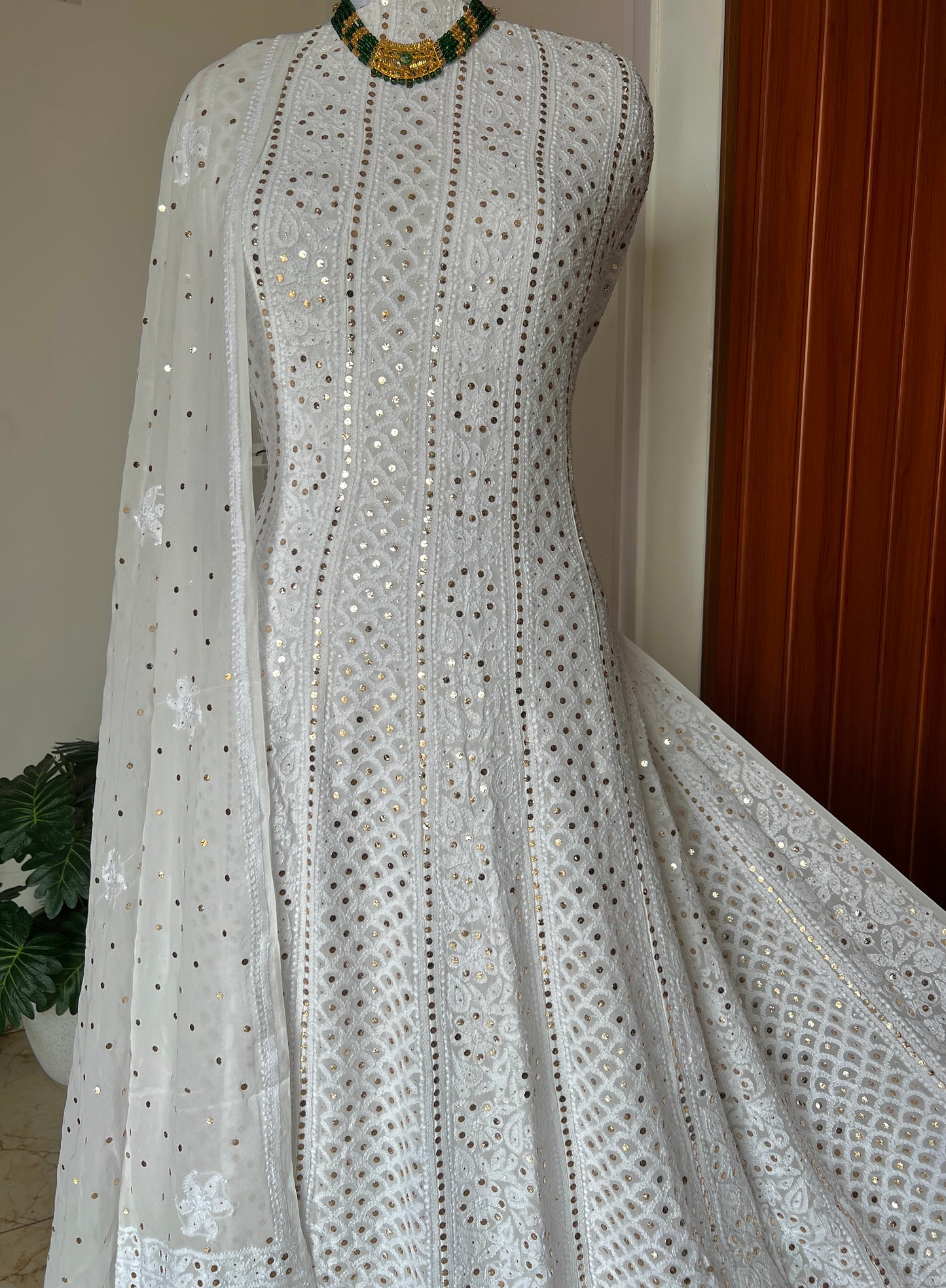 White allover Chikankari and mukaish anarkali with dupatta