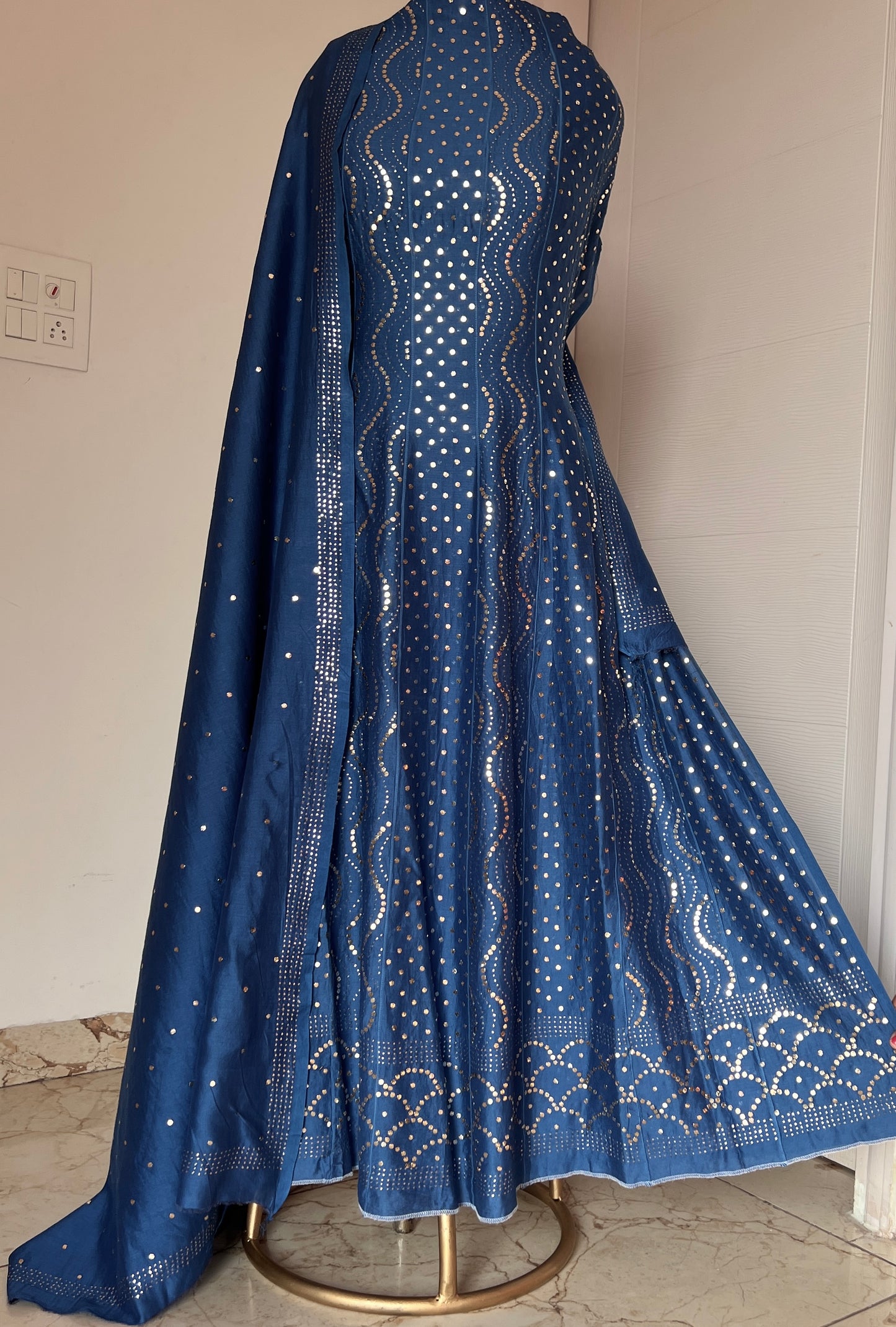 Azure Blue Allover Heavy Mukaish Chanderi Silk Anarkali with Dupatta