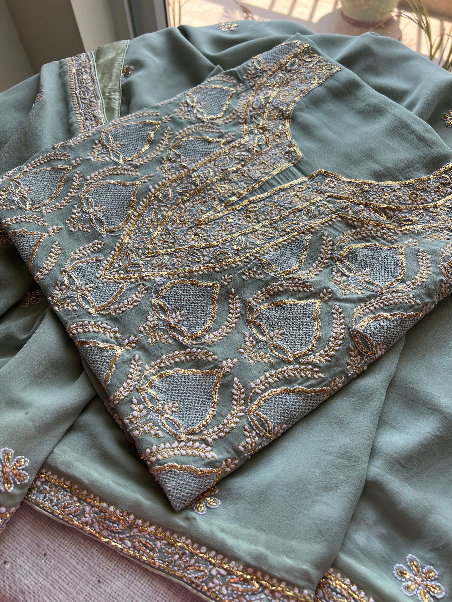 Sage Green Chikankari Pitta kasab work kurta and dupatta