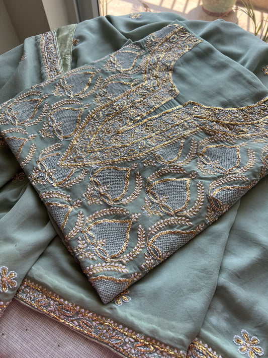 Sage Green Chikankari Pitta kasab work kurta and dupatta