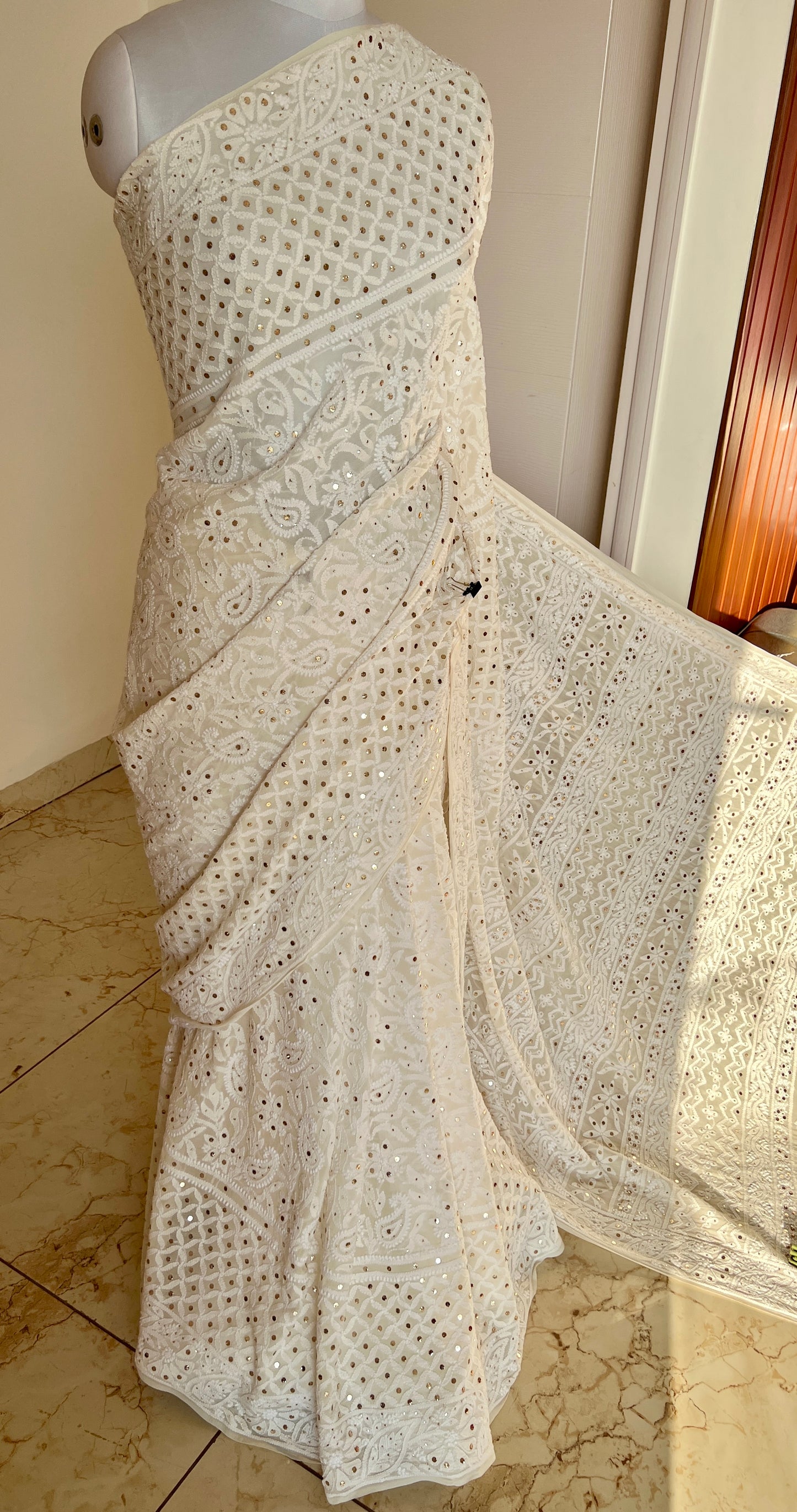 Ivory Ruhani Allover Designer Chikankari and Mukaish Saree