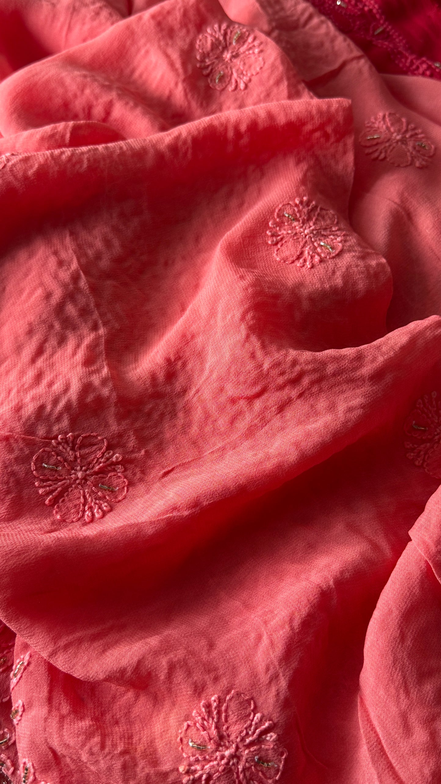 Coral Chikankari golden Cut Dana and aari work Kurta and Dupatta