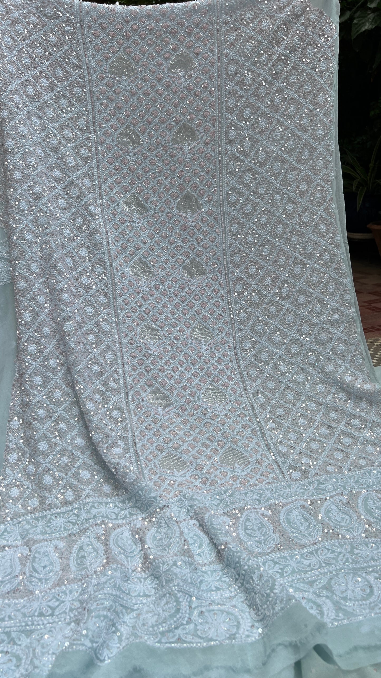 Ruhani Sky Blue with pink cut dana sequins kurta and dupatta