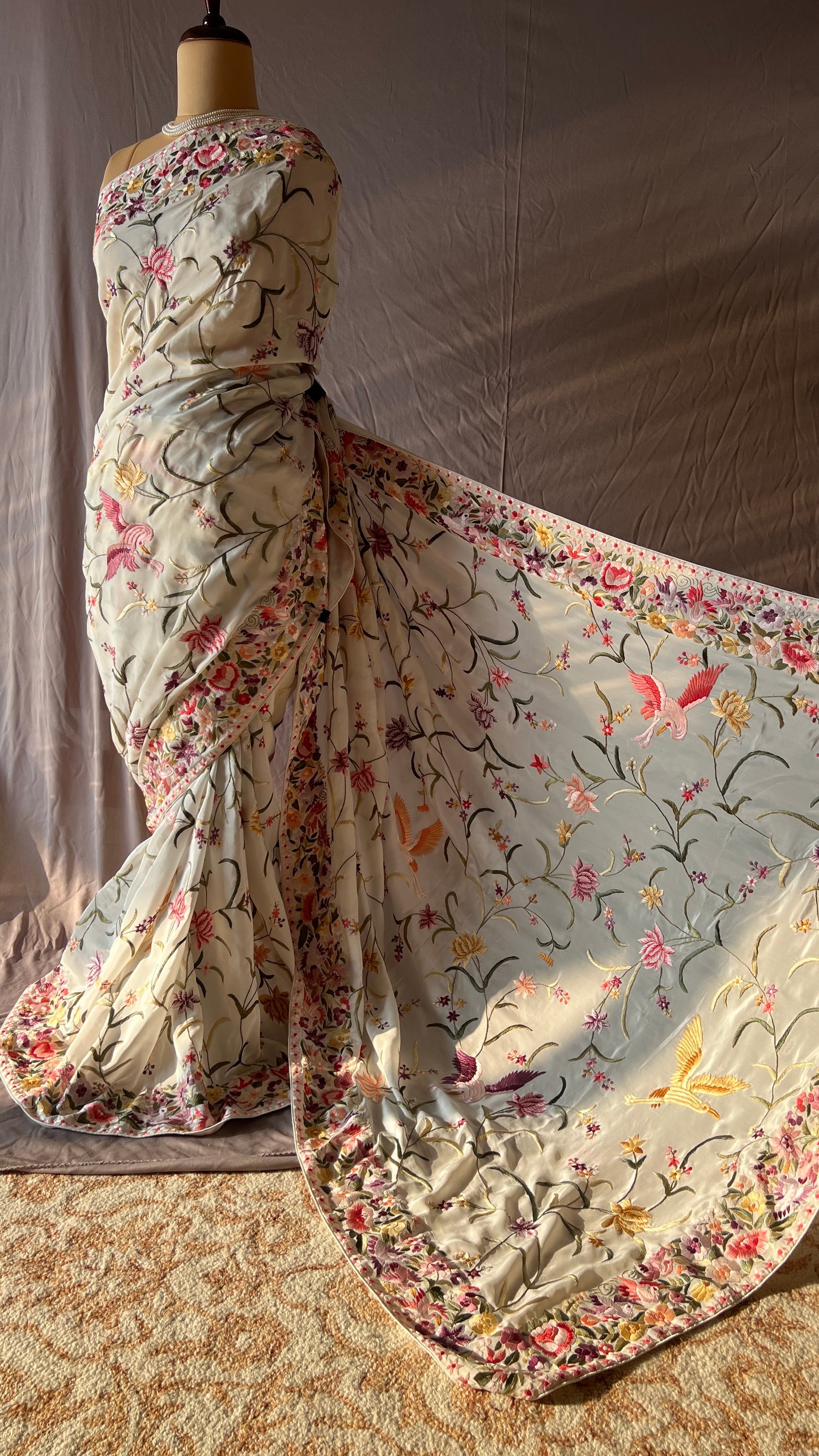 Ivory Parsi Gara Allover Hand Embroidered Saree on Pure Crepe