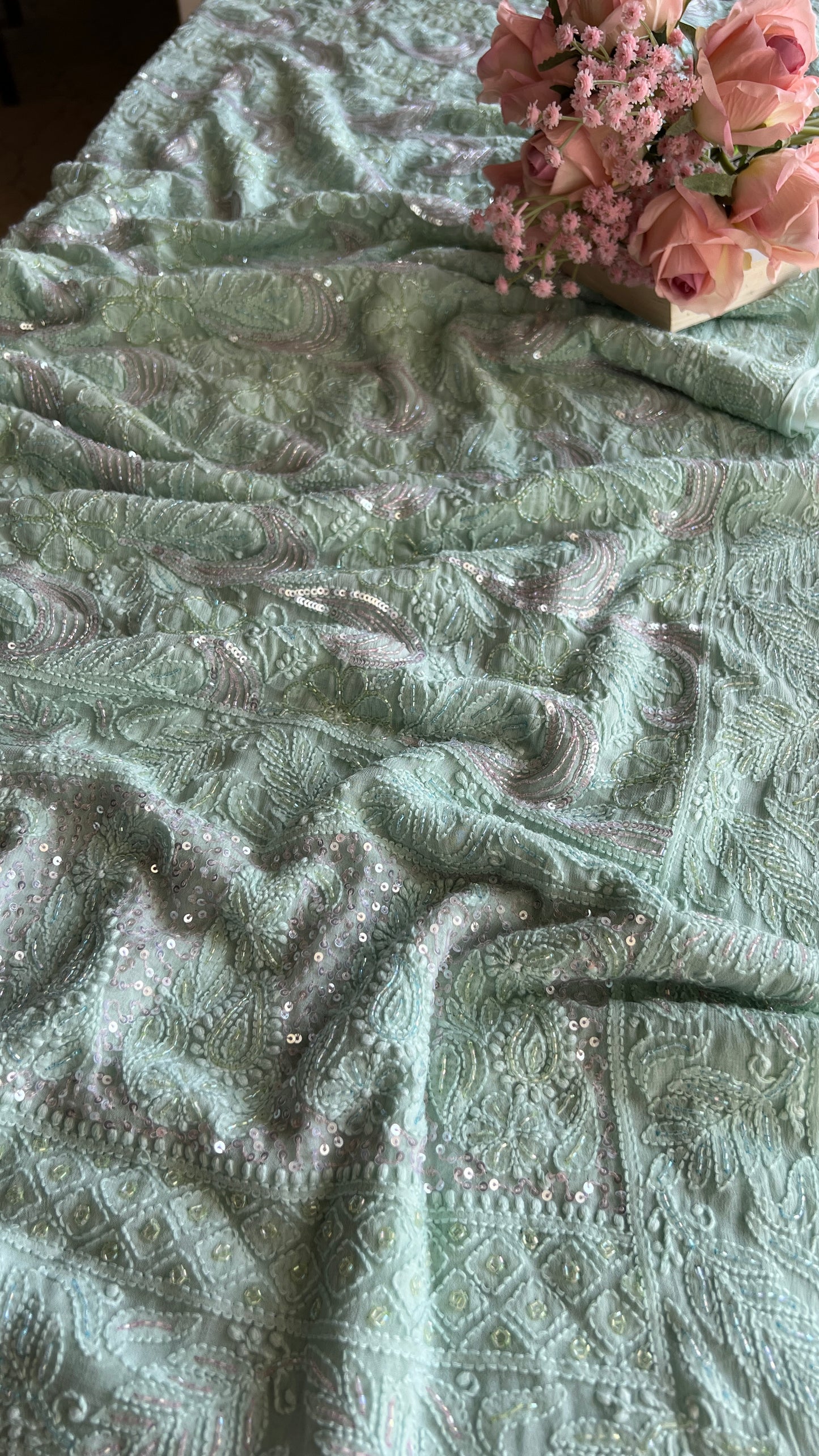 Mint Green Chikankari multi cut Dana and Sequins work Kurta with Jaal Dupatta