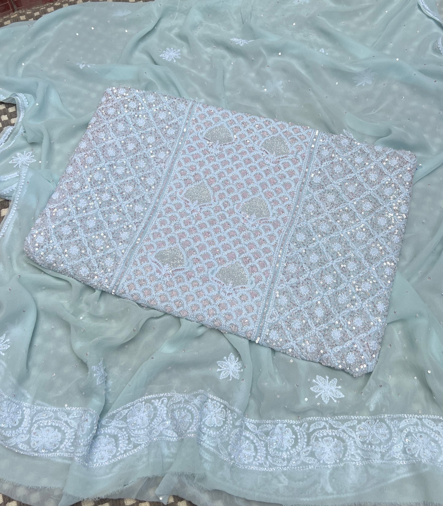 Ruhani Sky Blue with pink cut dana sequins kurta and dupatta