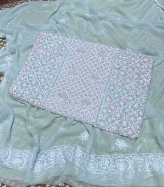 Ruhani Sky Blue with pink cut dana sequins kurta and dupatta