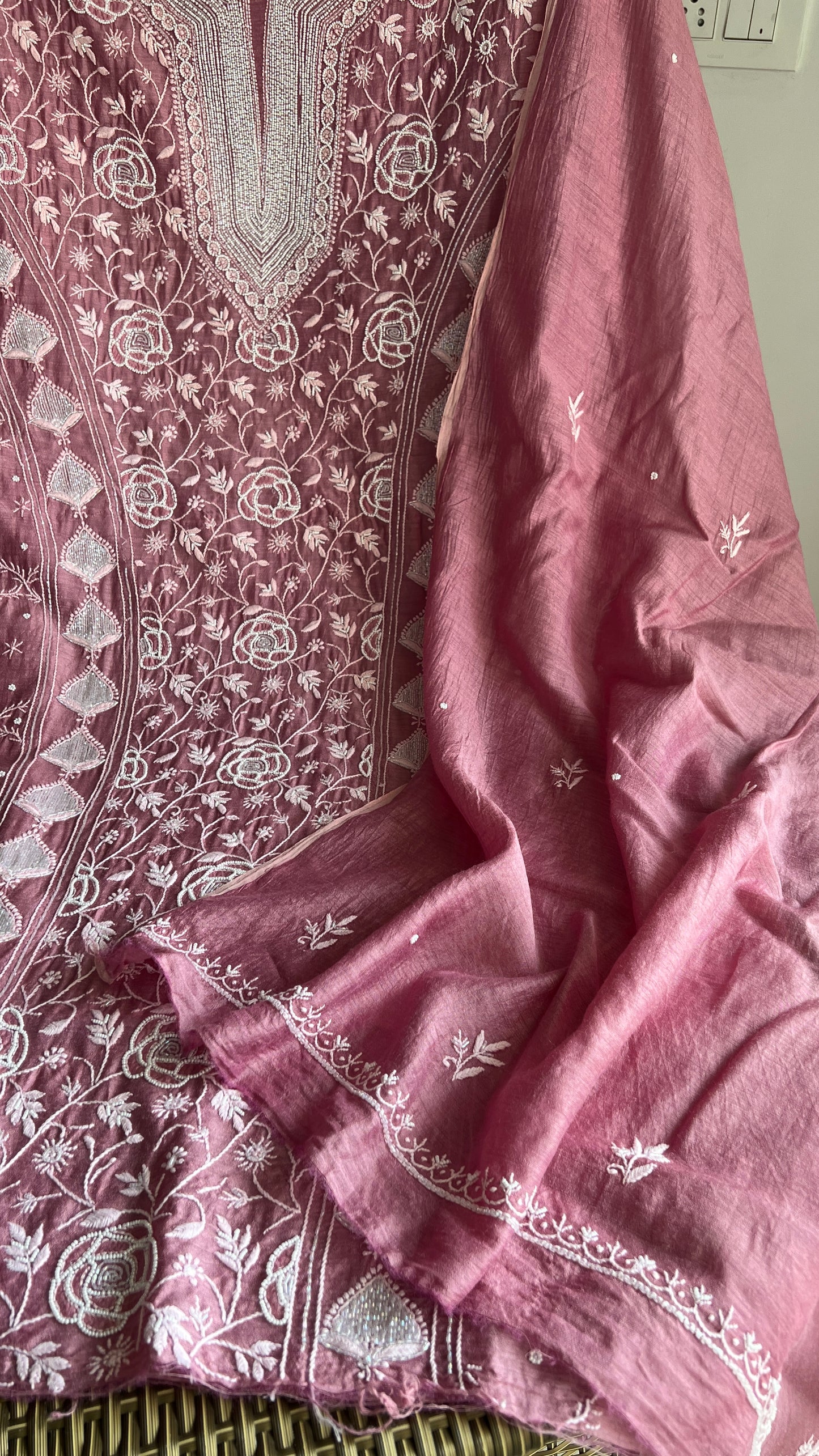 Moonga Silk Chikankari pearl and cut Dana work kurta and dupatta