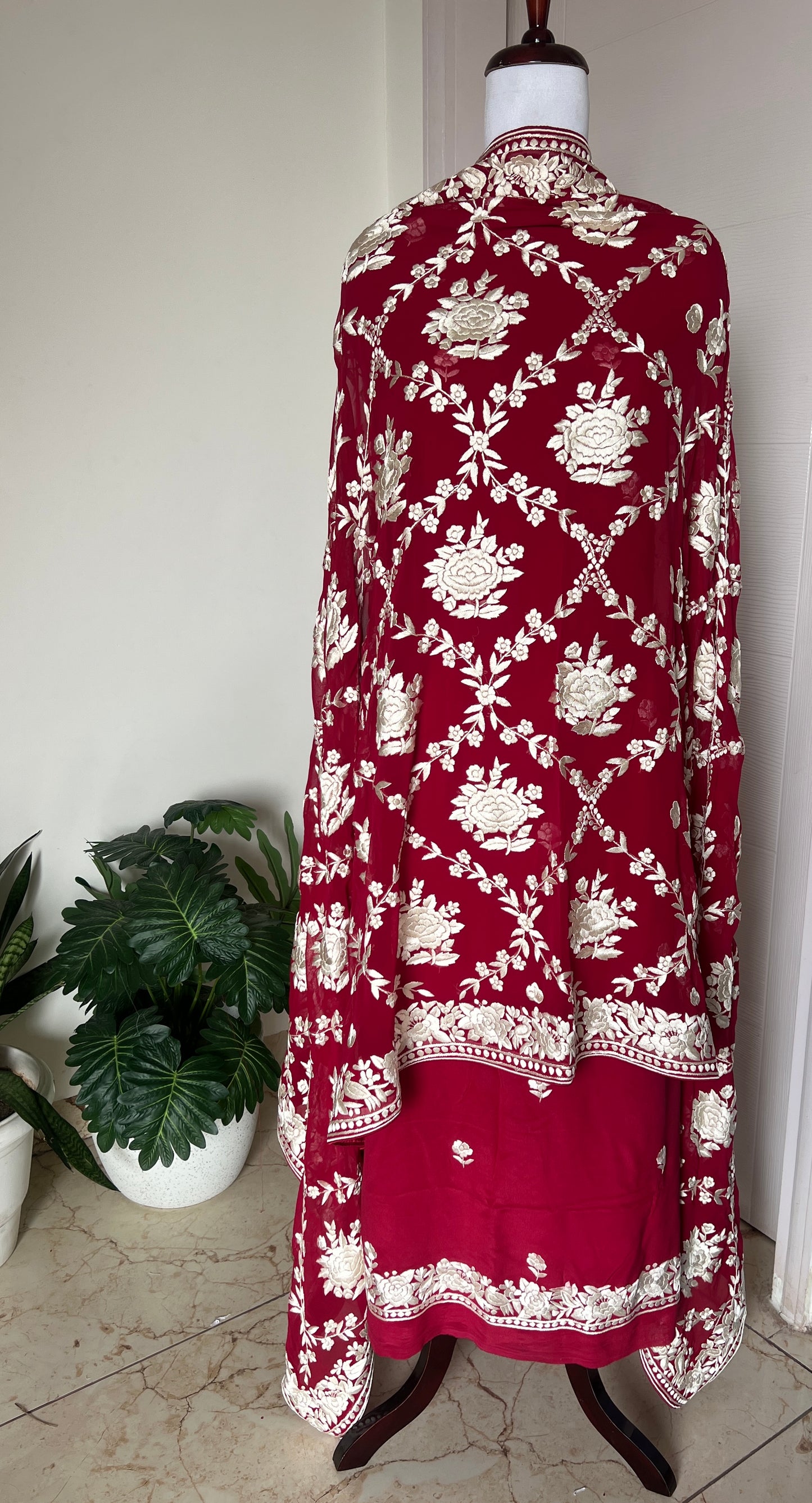 Ruby Red Masterpiece Hand Embroidered Parsi Gara full Suit