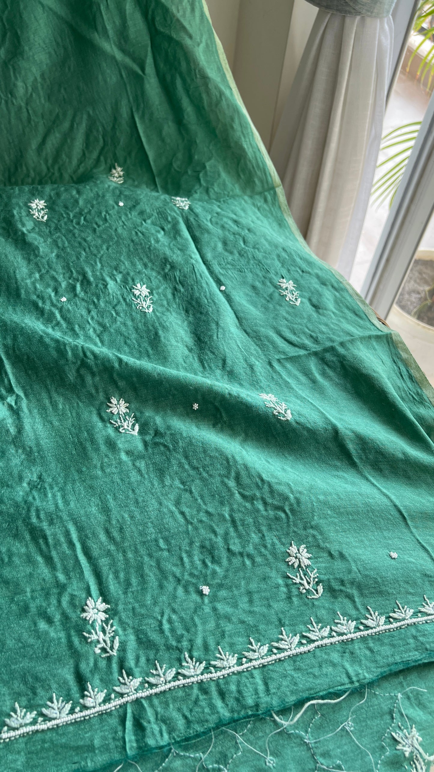 Moonga Silk Chikankari pearl and cut Dana work kurta and dupatta