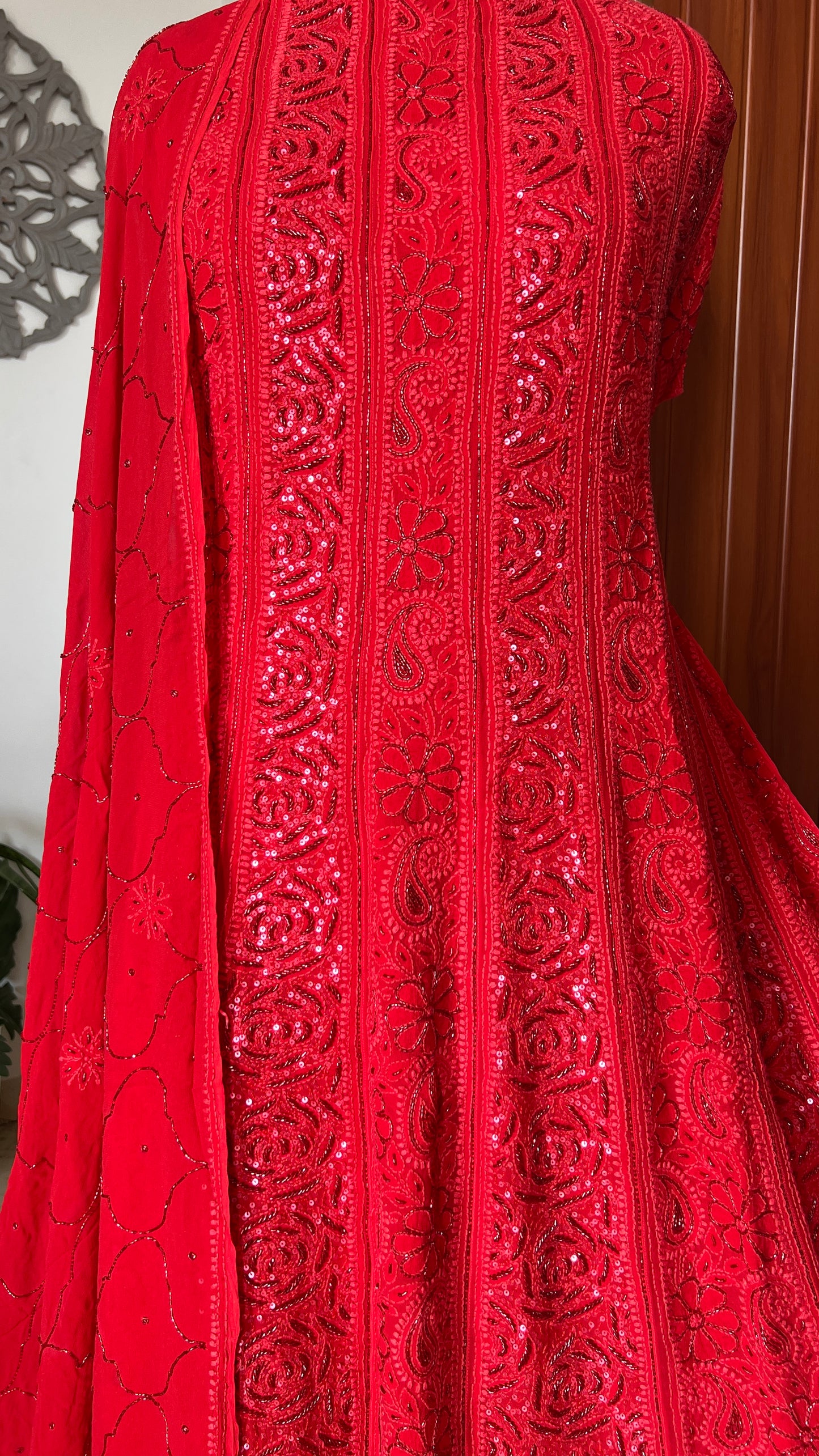 Red Chikankari Sequins and Cut Dana Anarkali