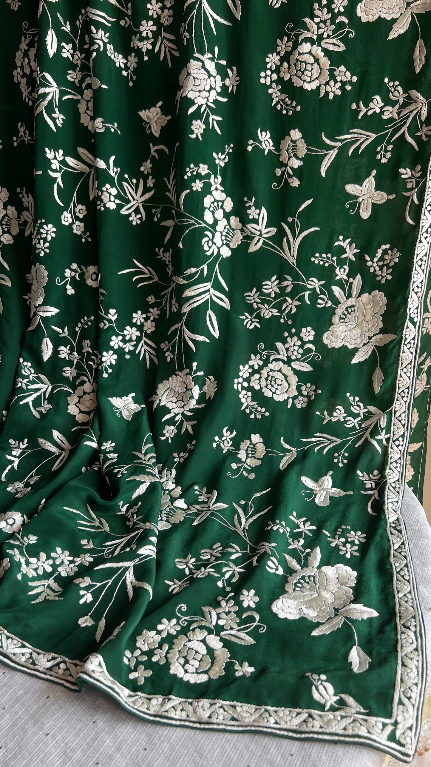 Bottle Green Parsi Gara Hand Embroidered Dupatta