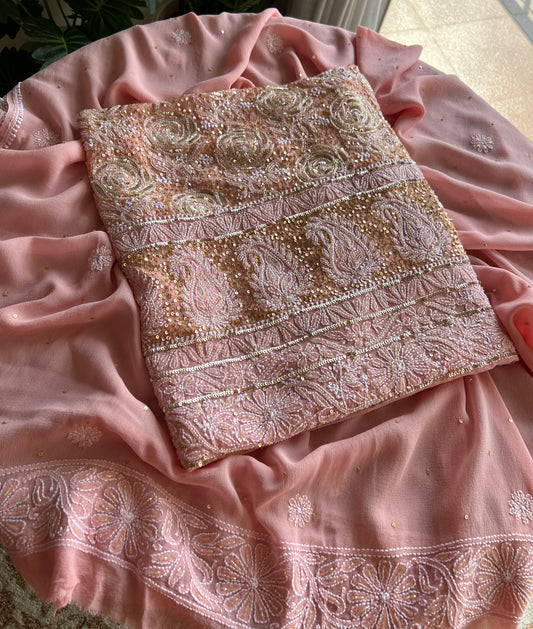 Ruhani Blush peach Chikankari golden cut dana sequins kurta and dupatta