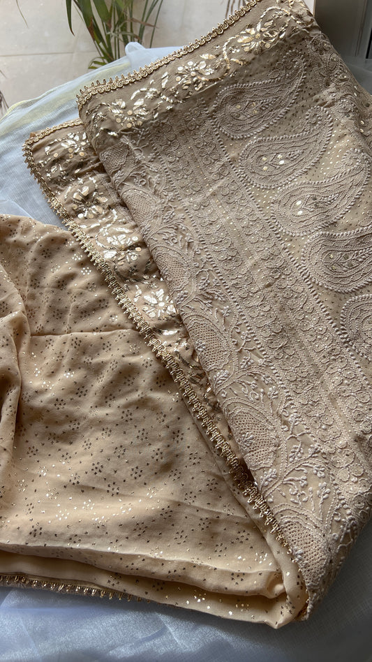 Ruhani Golden Beige Badla Mukaish and chikankari Pure Georgette Saree