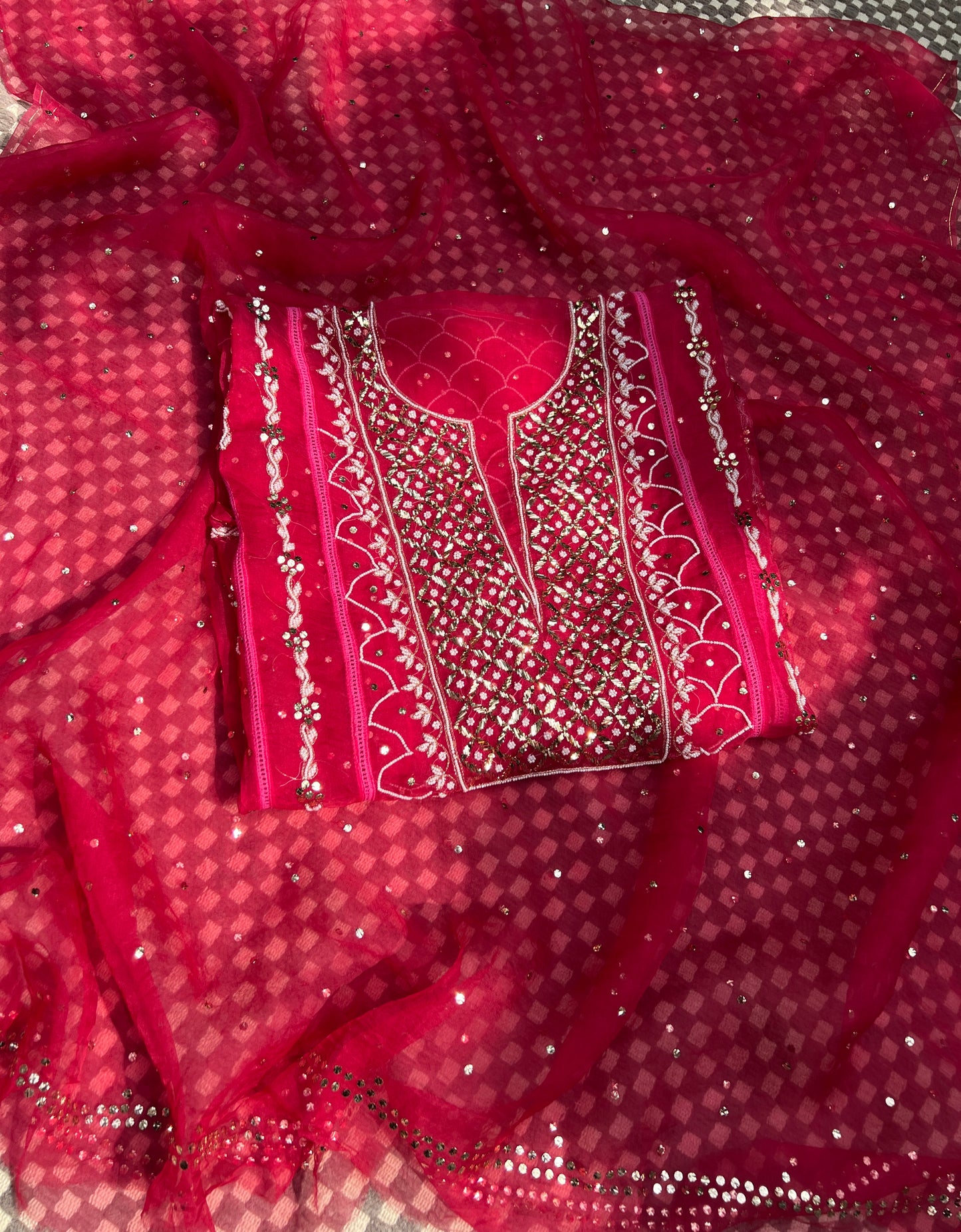 Fuchsia Pink Mukaish Pearl work Pure Organza kurta with dupatta