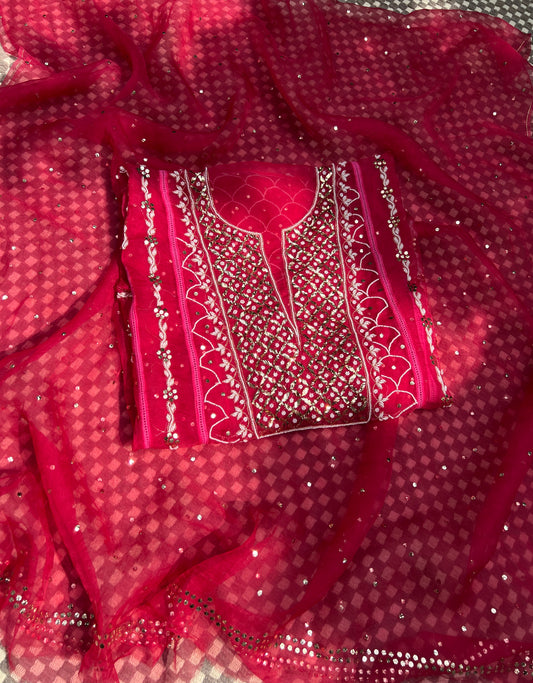Fuchsia Pink Mukaish Pearl work Pure Organza kurta with dupatta