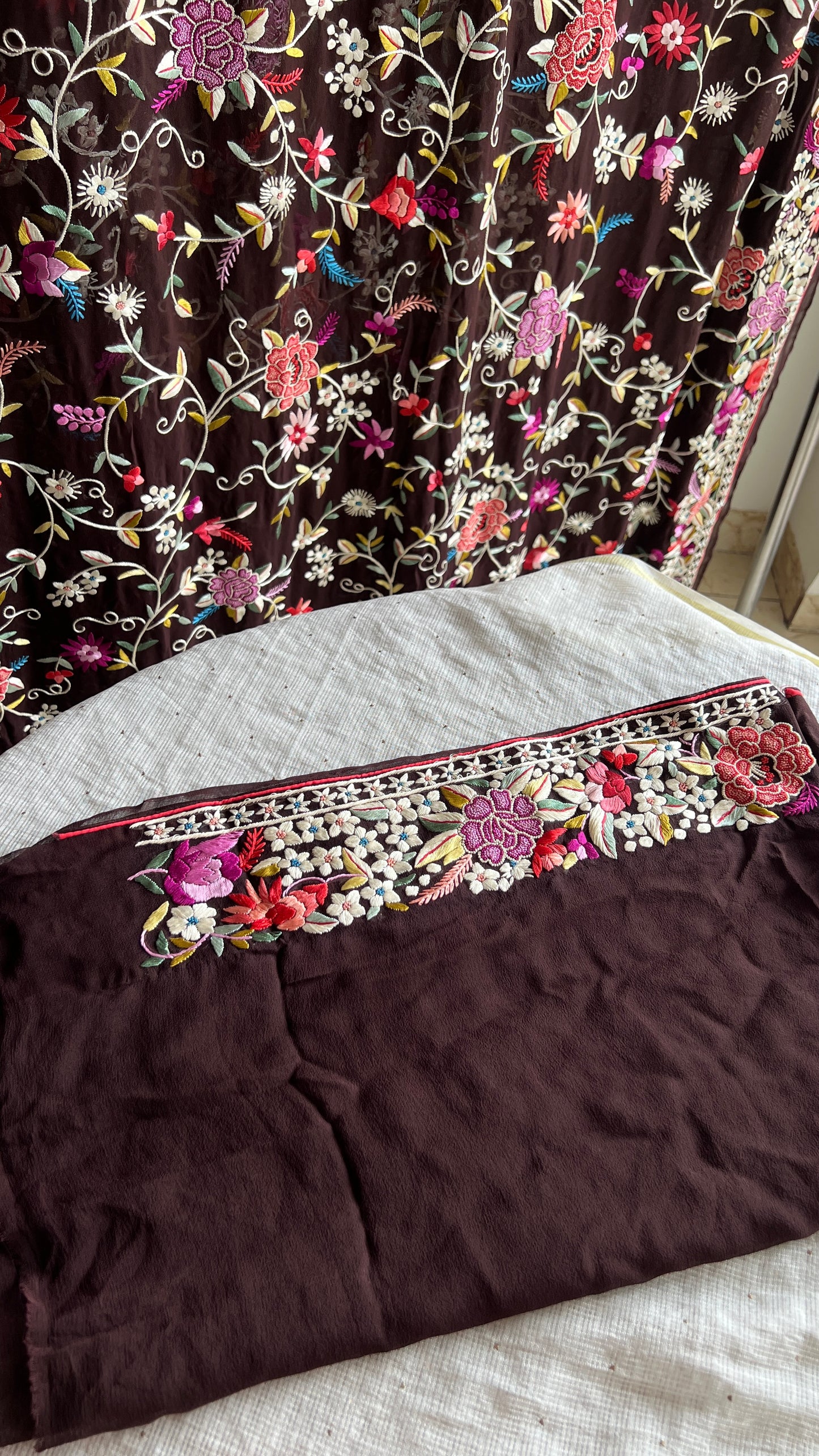 Coffee Brown Masterpiece French knot and Parsi Gara Saree