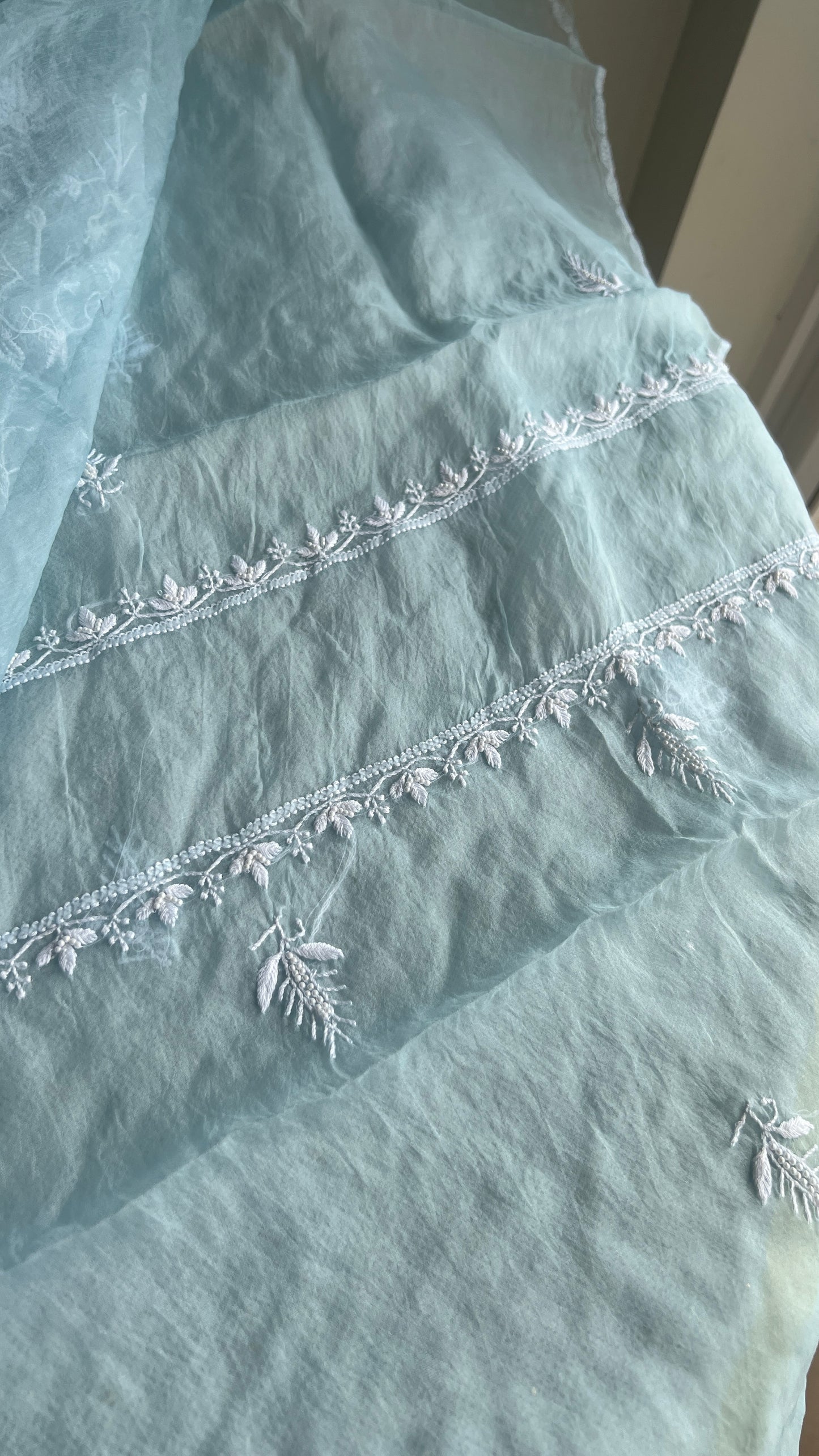 Sky blue chikankari pearl cut Dana work pure Organza kurta with dupatta