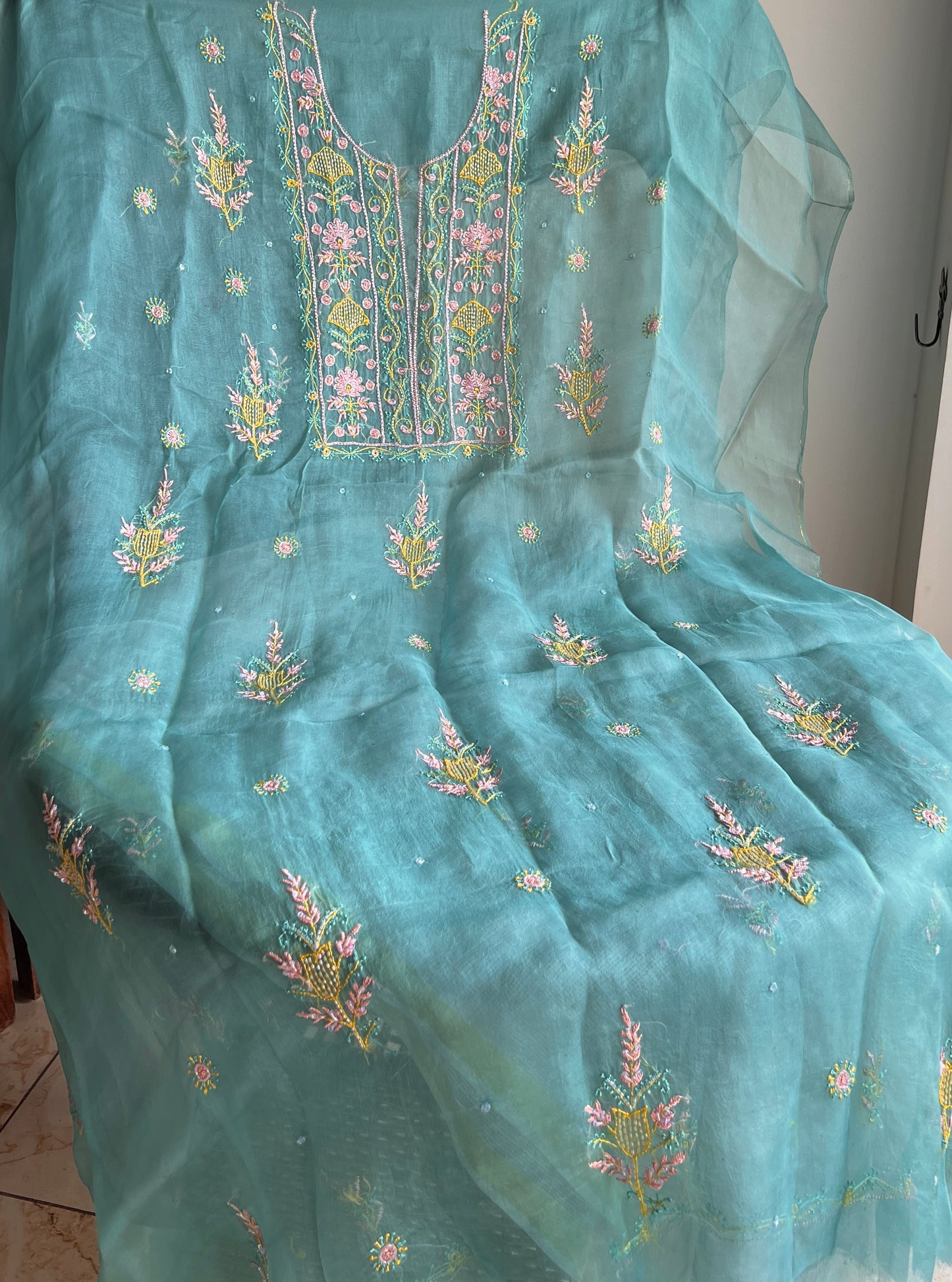 Sage green Resham Chikankari pearl sequins pure Organza kurta with dupatta