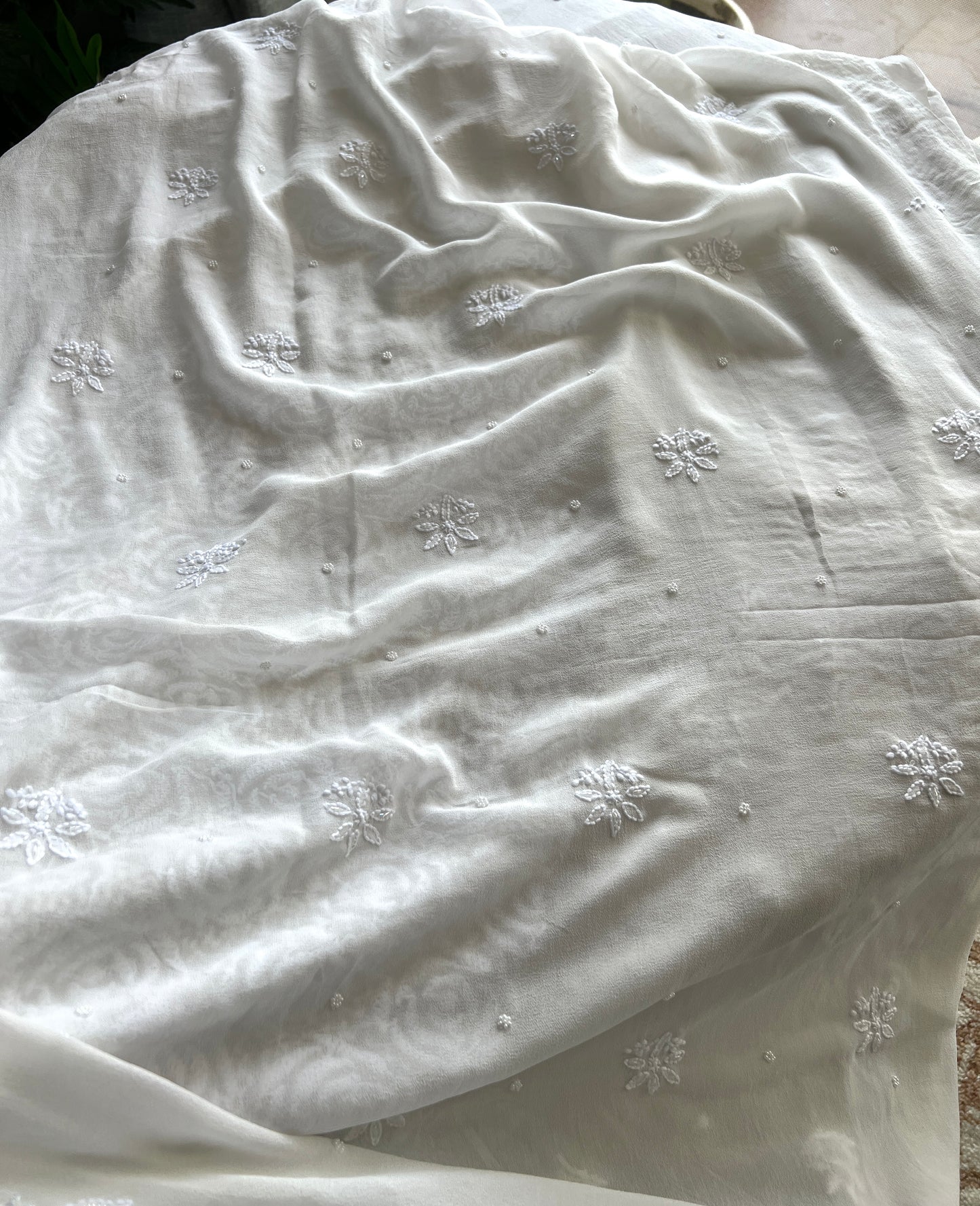 White fine Chikankari Pearl and sequins Embroidered Kurta and Dupatta