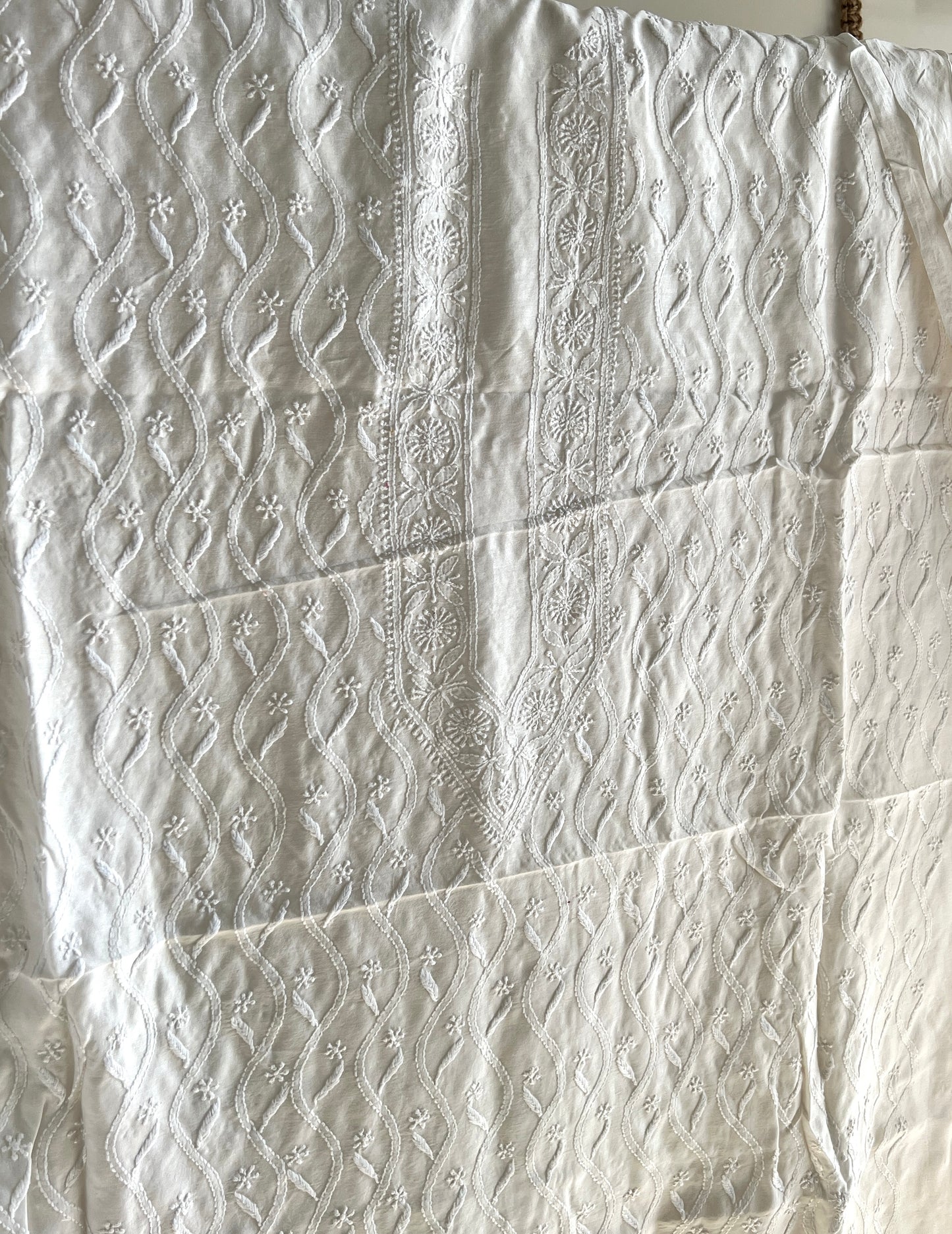 Ivory Chanderi Silk Men's Kurta fabric with fine Chikankari