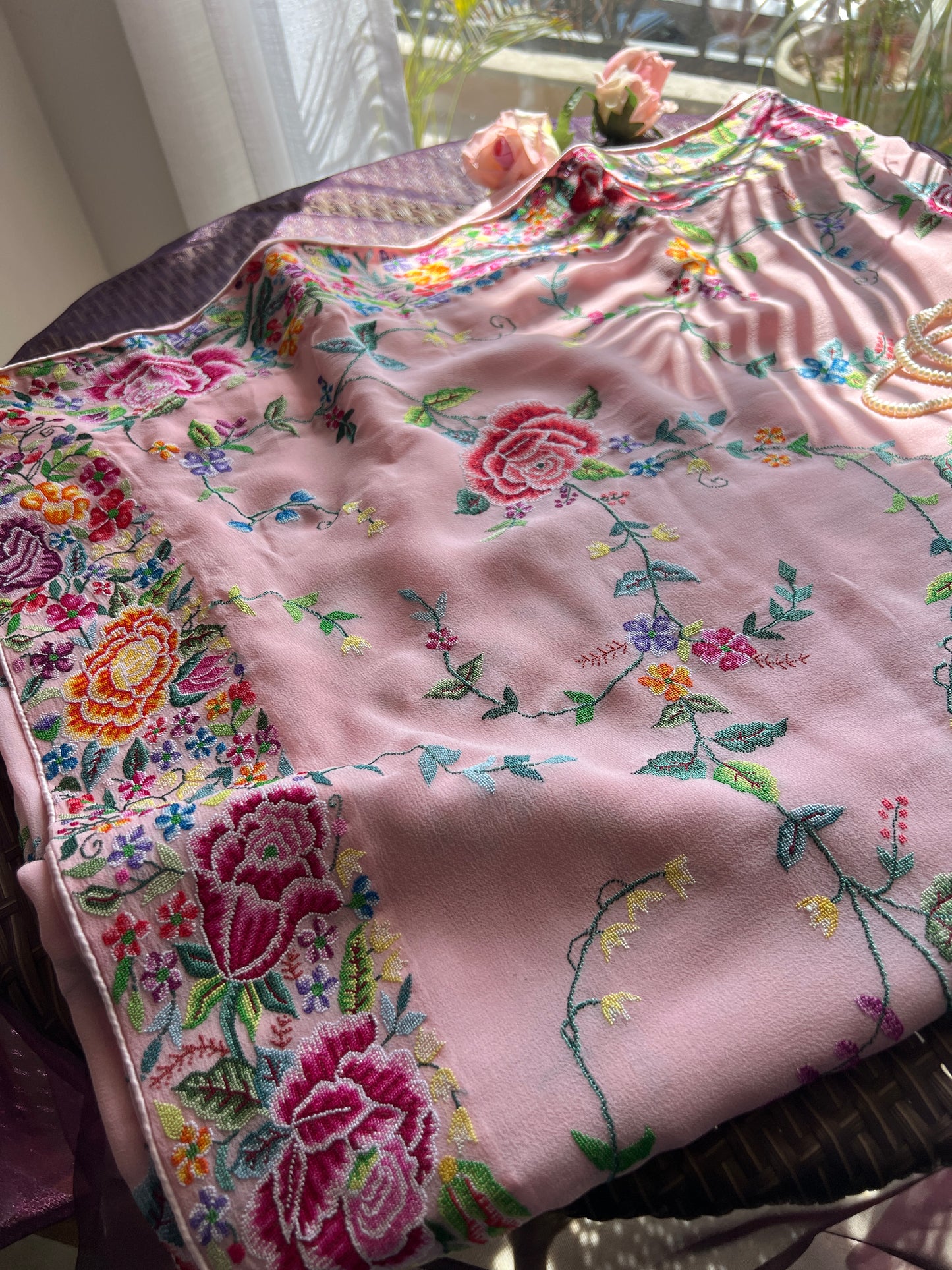 Blush Pink Masterpiece Petit Point Hand Embroidered Saree