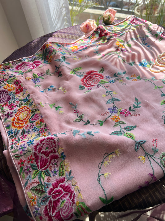 Blush Pink Masterpiece Petit Point Hand Embroidered Saree