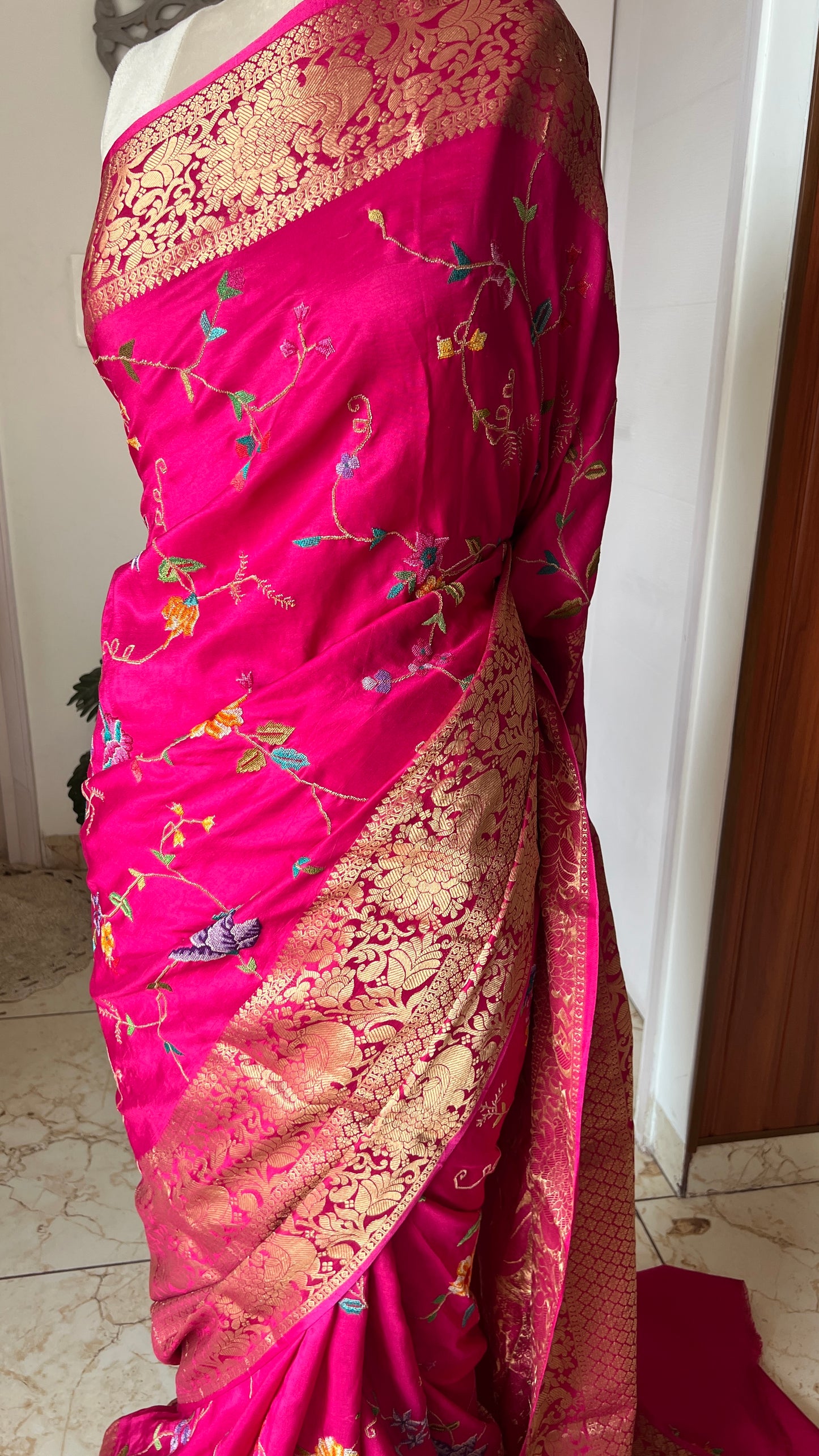 Hot Pink Petit Point Hand Embroidered Saree