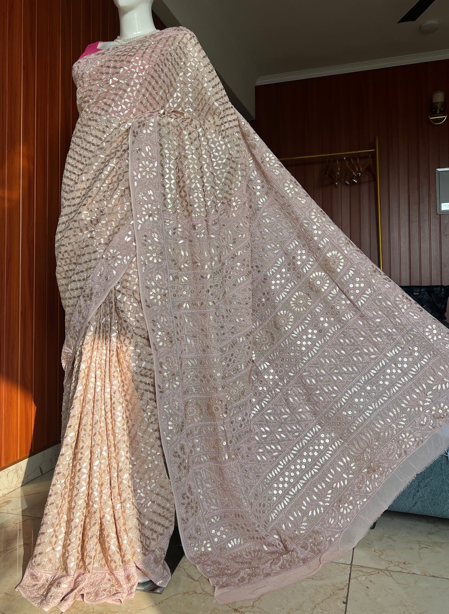 Ruhani Dusty Pink Chikankari and Gota Patti Saree