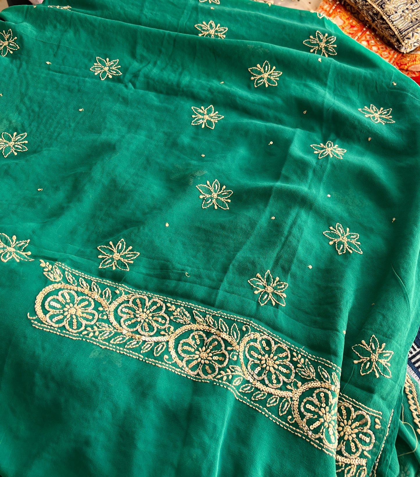 Ruhani Emerald Green Chikankari golden cut dana sequins kurta and dupatta