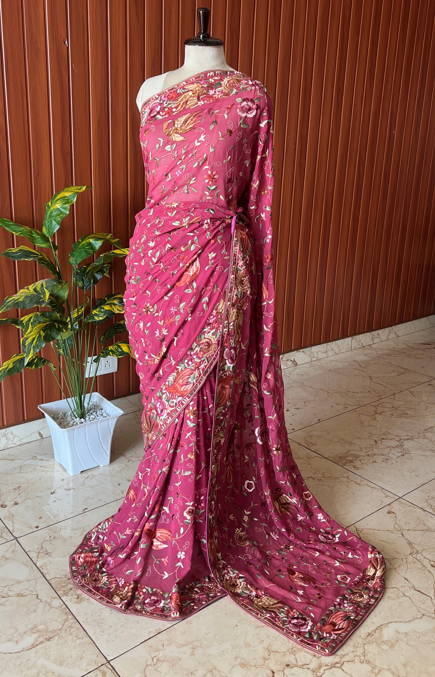 Deep Raspberry Pink Masterpiece Parsi Gara Saree