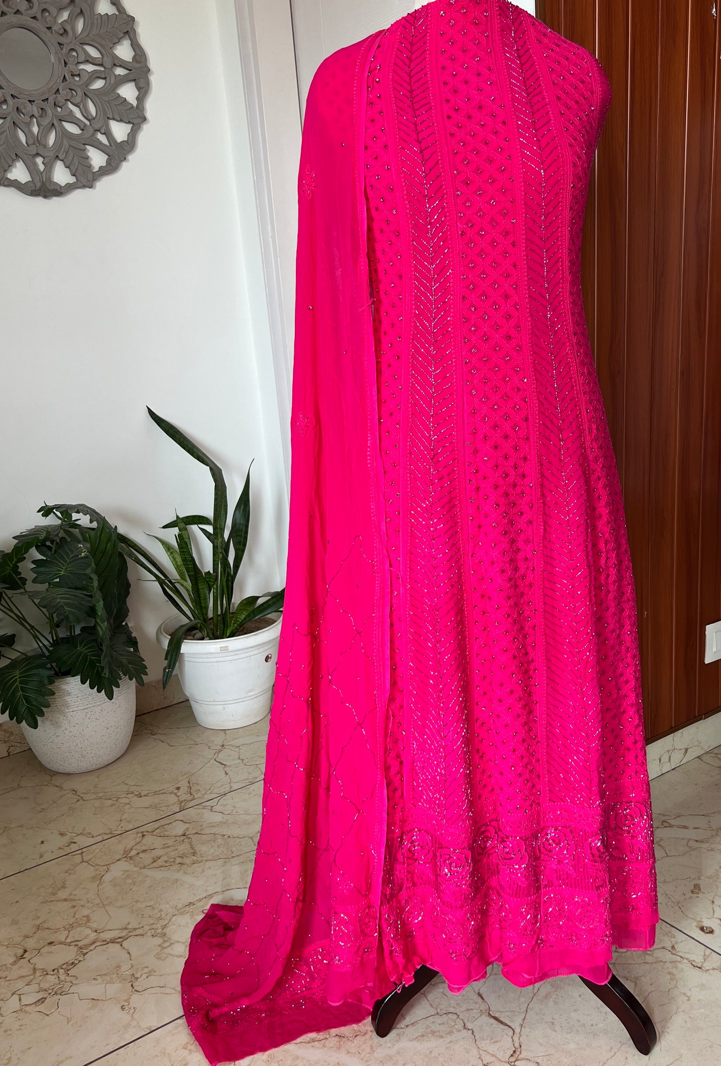 Hot pink Chikankari Sequins and Cut Dana Anarkali