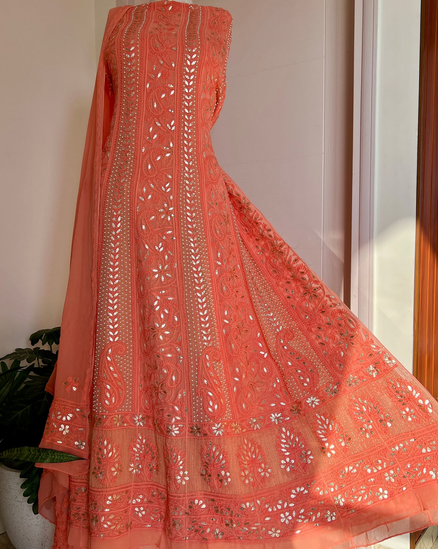 Peach Chikankari pearl and Gota Patti Anarkali