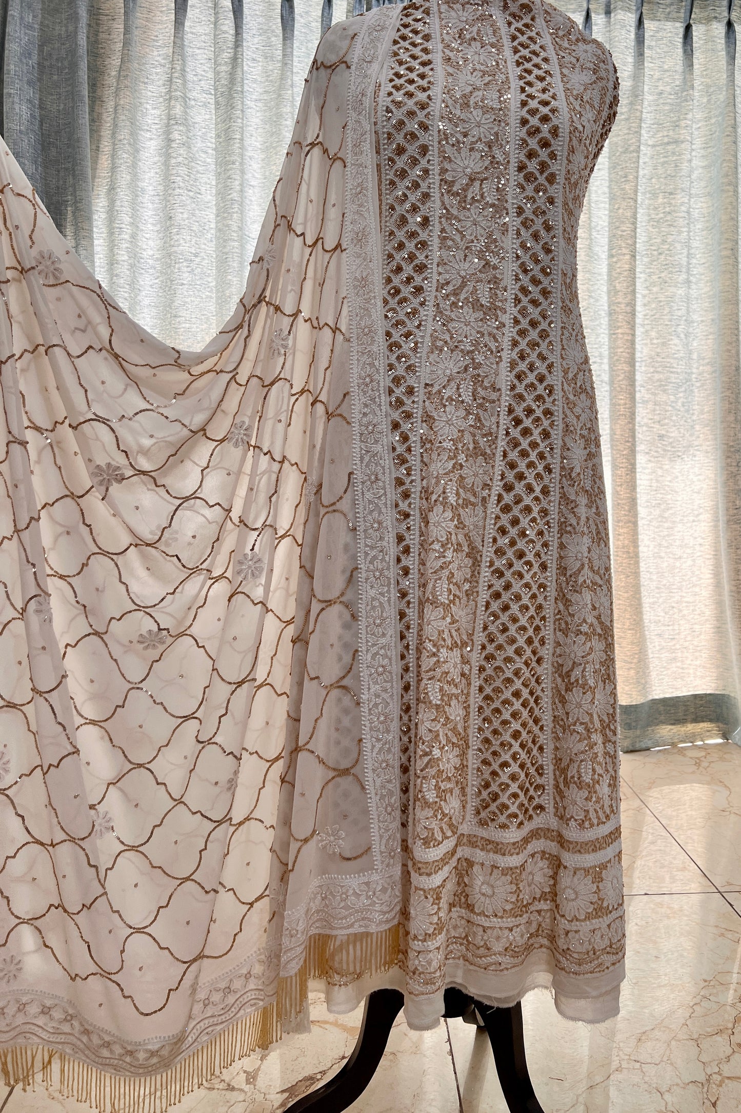 Ruhani Off white Chikankari sequins cut Dana Anarkali