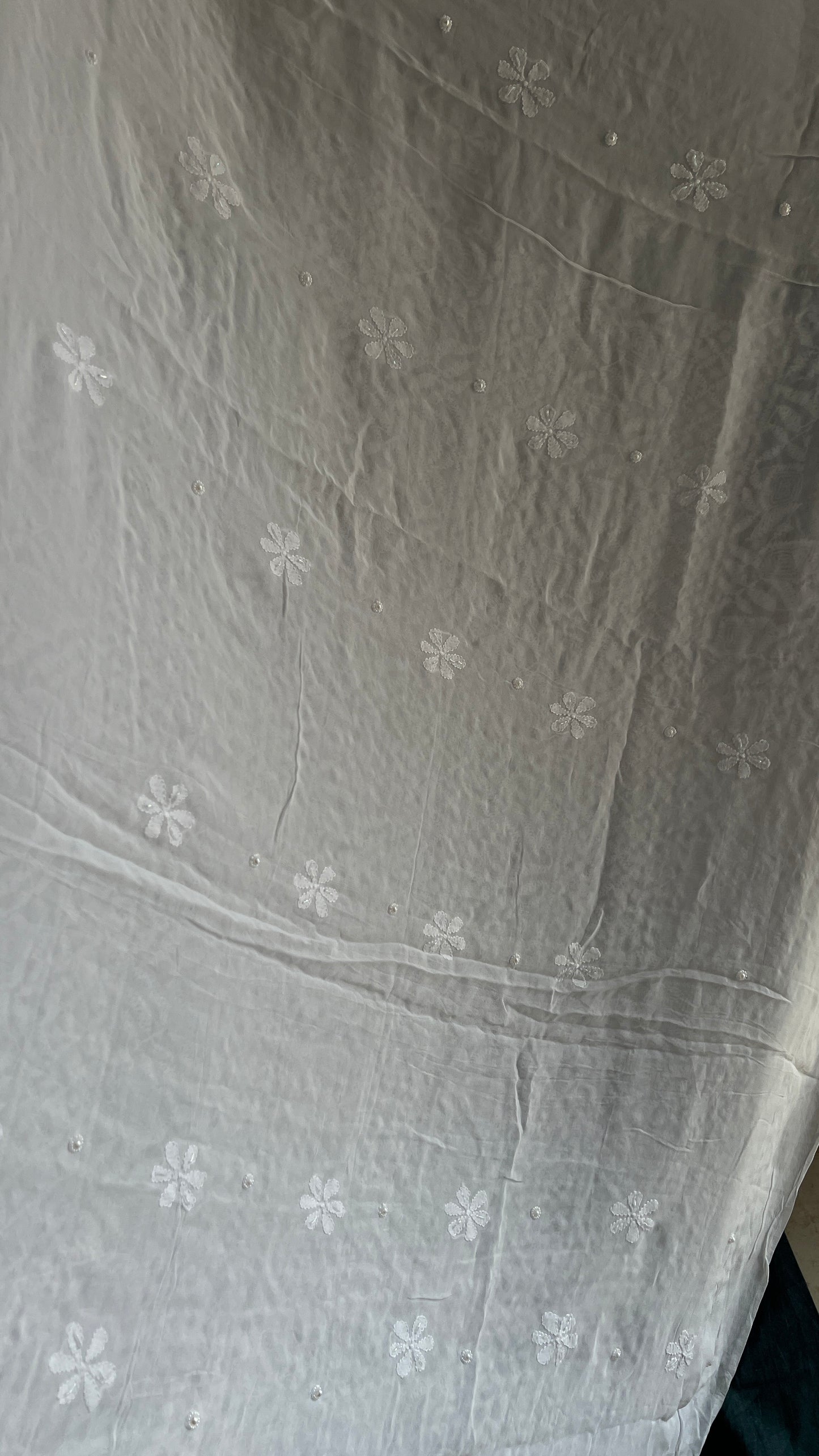 White Chikankari pearl cut Dana and Sequins work Kurta with Jaal Dupatta