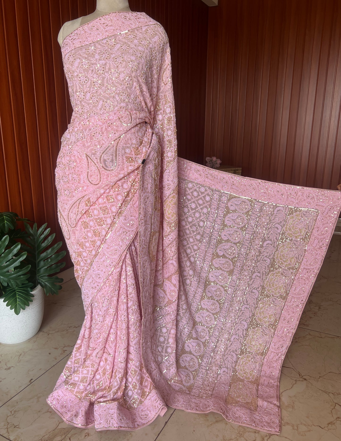 Ruhani Rose Pink Chikankari Sequins Cut Dana Embroidered Masterpiece Saree