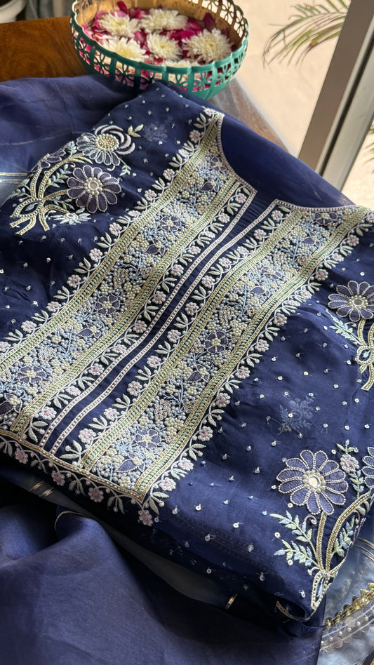 Ruhani Navy Blue fine Chikankari pure Organza kurta with dupatta