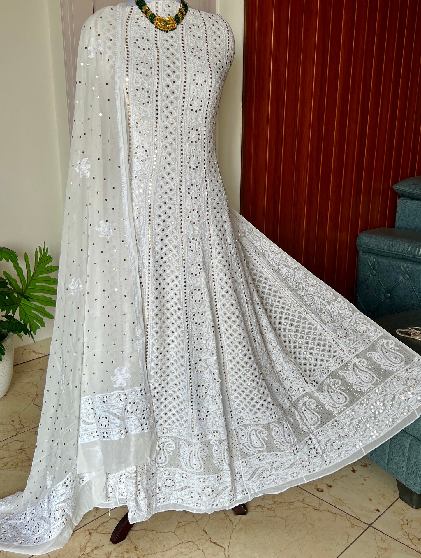 White allover Chikankari and mukaish anarkali with dupatta