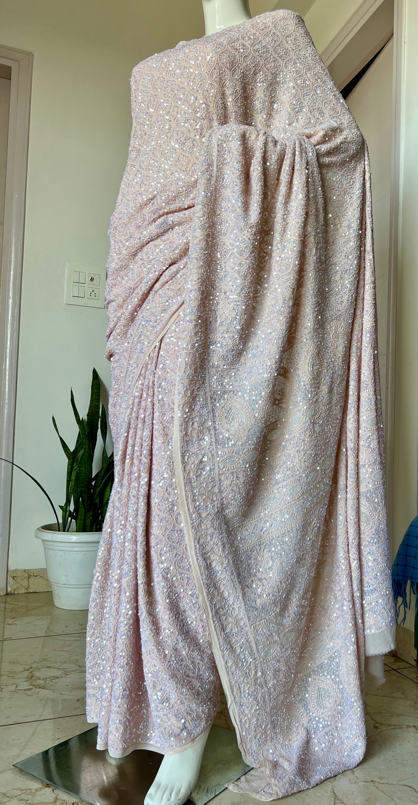 Ruhani Beige Chikankari Sequins Cut Dana Embroidered Masterpiece Saree