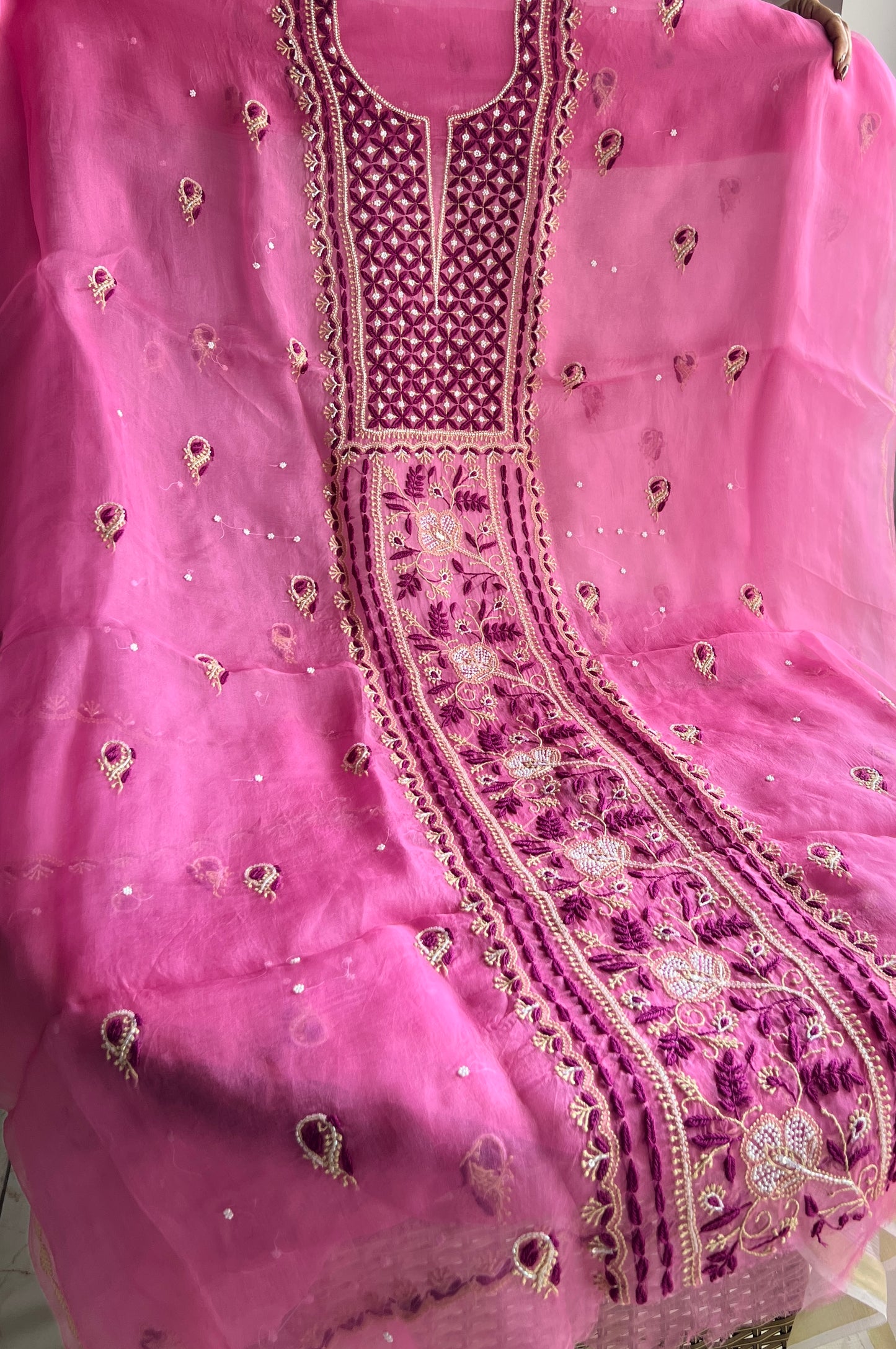 Mauvish pink Chikankari pearl sequins pure Organza kurta with dupatta