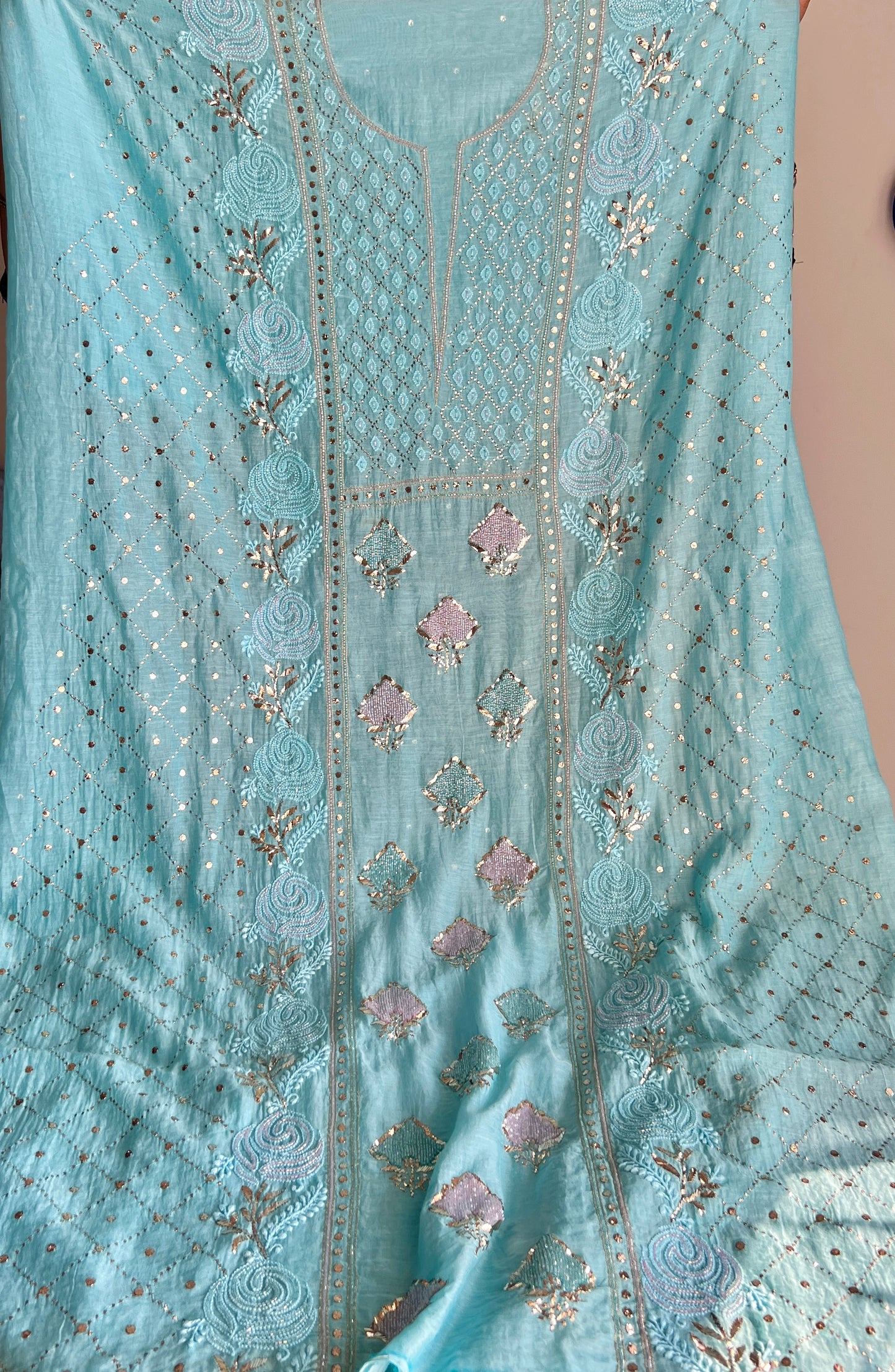 Firozi mukaish and Cut Dana Kurta and Dupatta