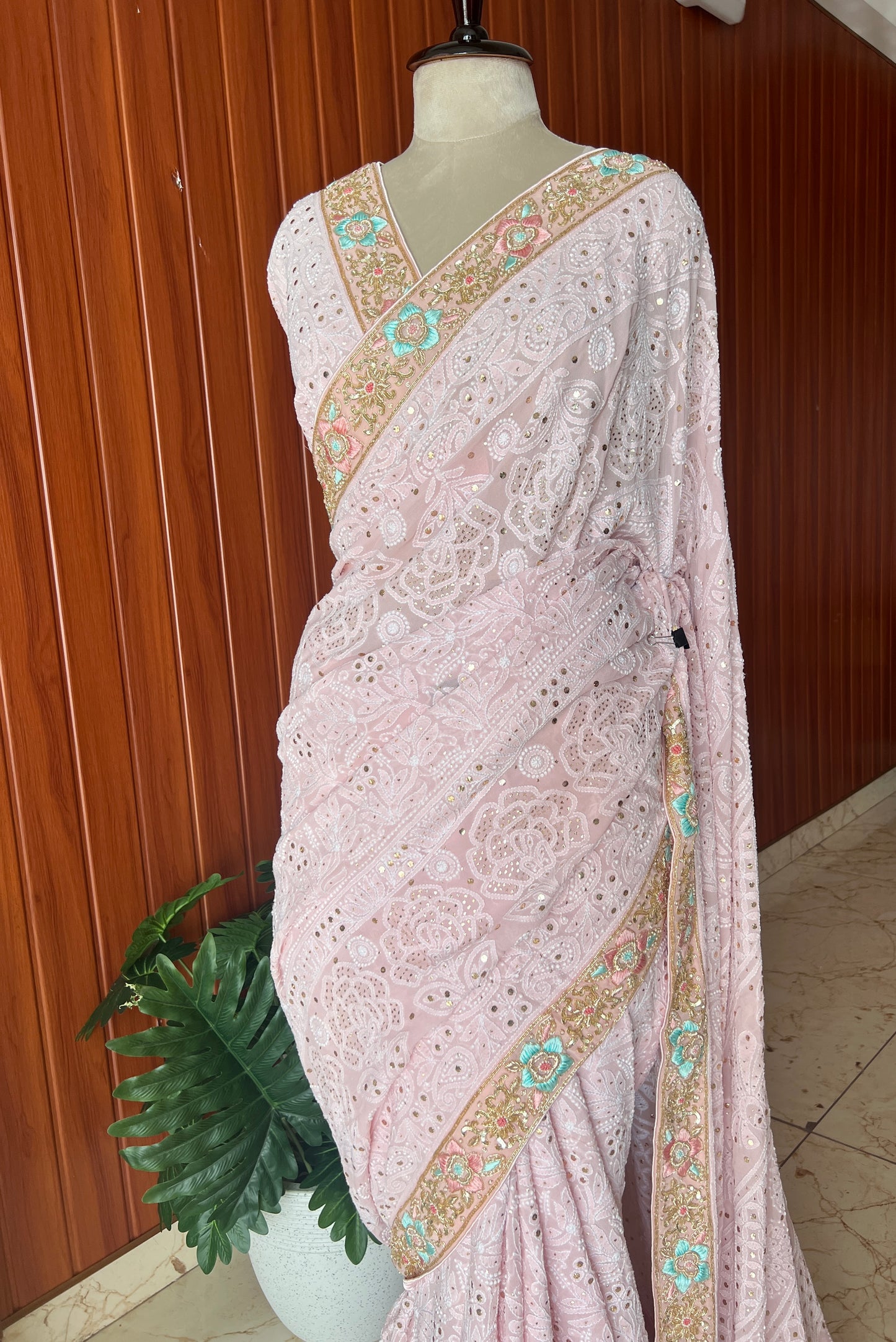 Ruhani Dusty Pink Chikankari and Mukaish Saree with designer border