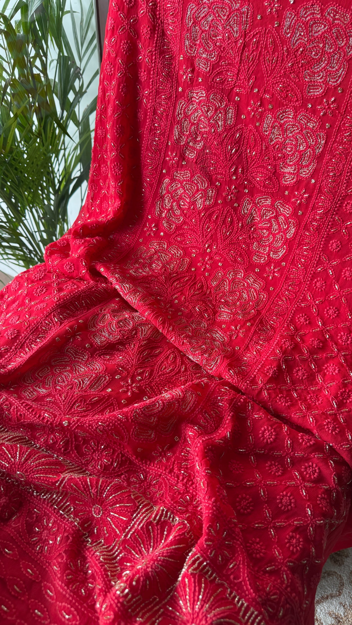 Gajri Red Chikankari golden Cut Dana and aari work Kurta and Dupatta
